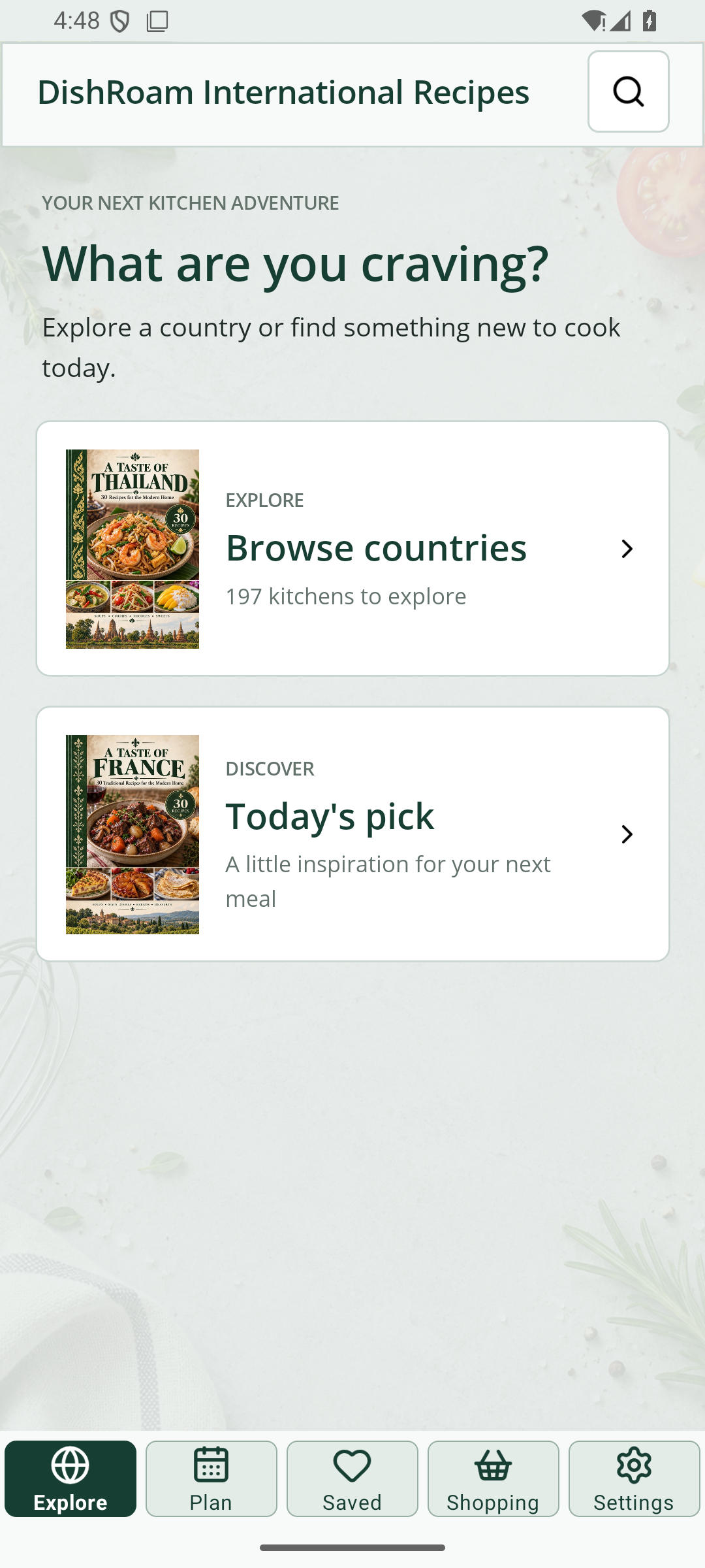 DishRoam Android home screen with Browse countries and Today's pick