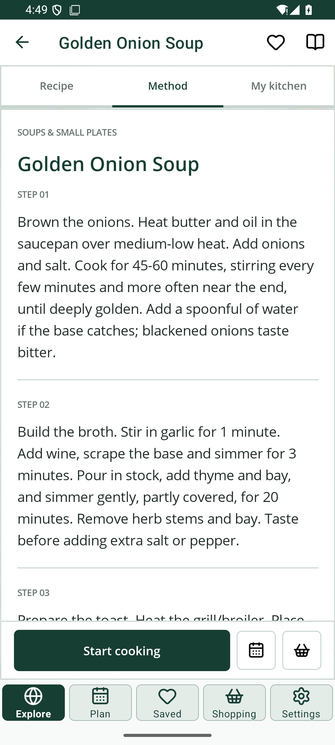 Step-by-step recipe method in DishRoam