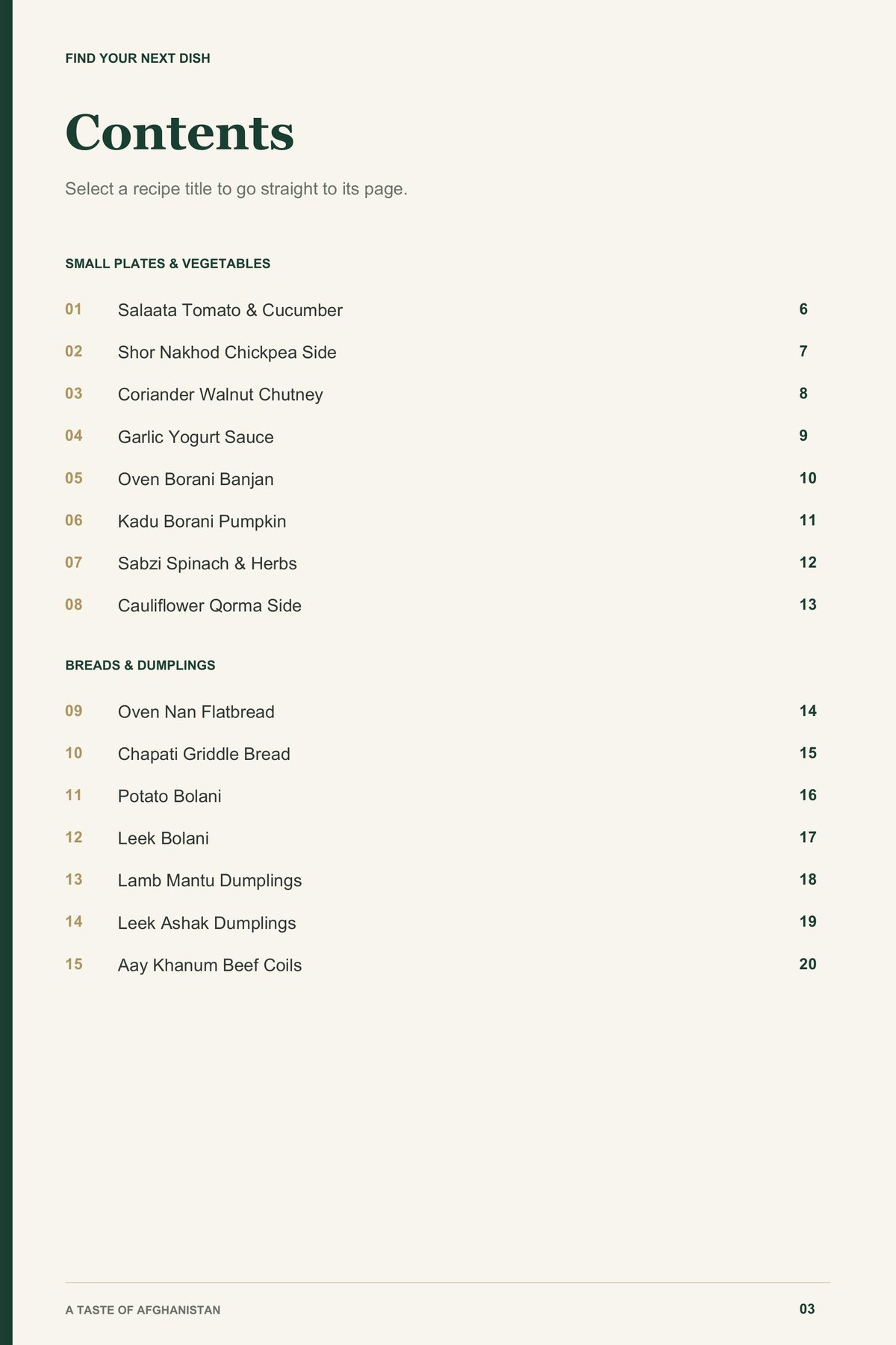 Contents, page 1 from A Taste of Afghanistan