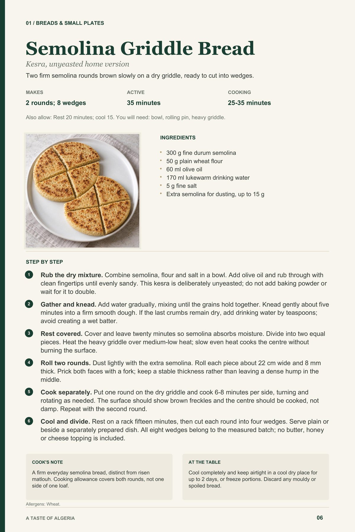 Semolina Griddle Bread recipe page from A Taste of Algeria