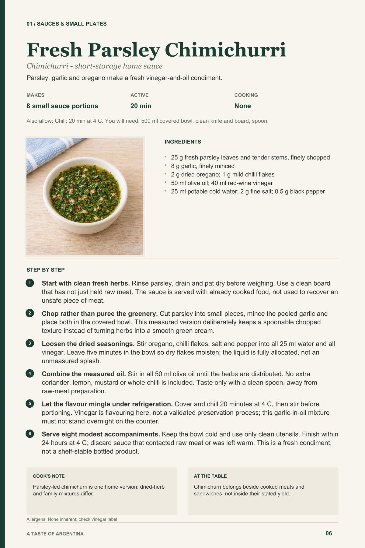 Fresh Parsley Chimichurri recipe page from A Taste of Argentina
