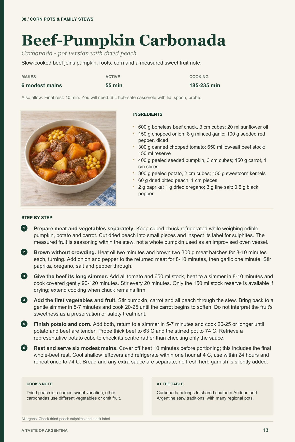 Beef-Pumpkin Carbonada recipe page from A Taste of Argentina