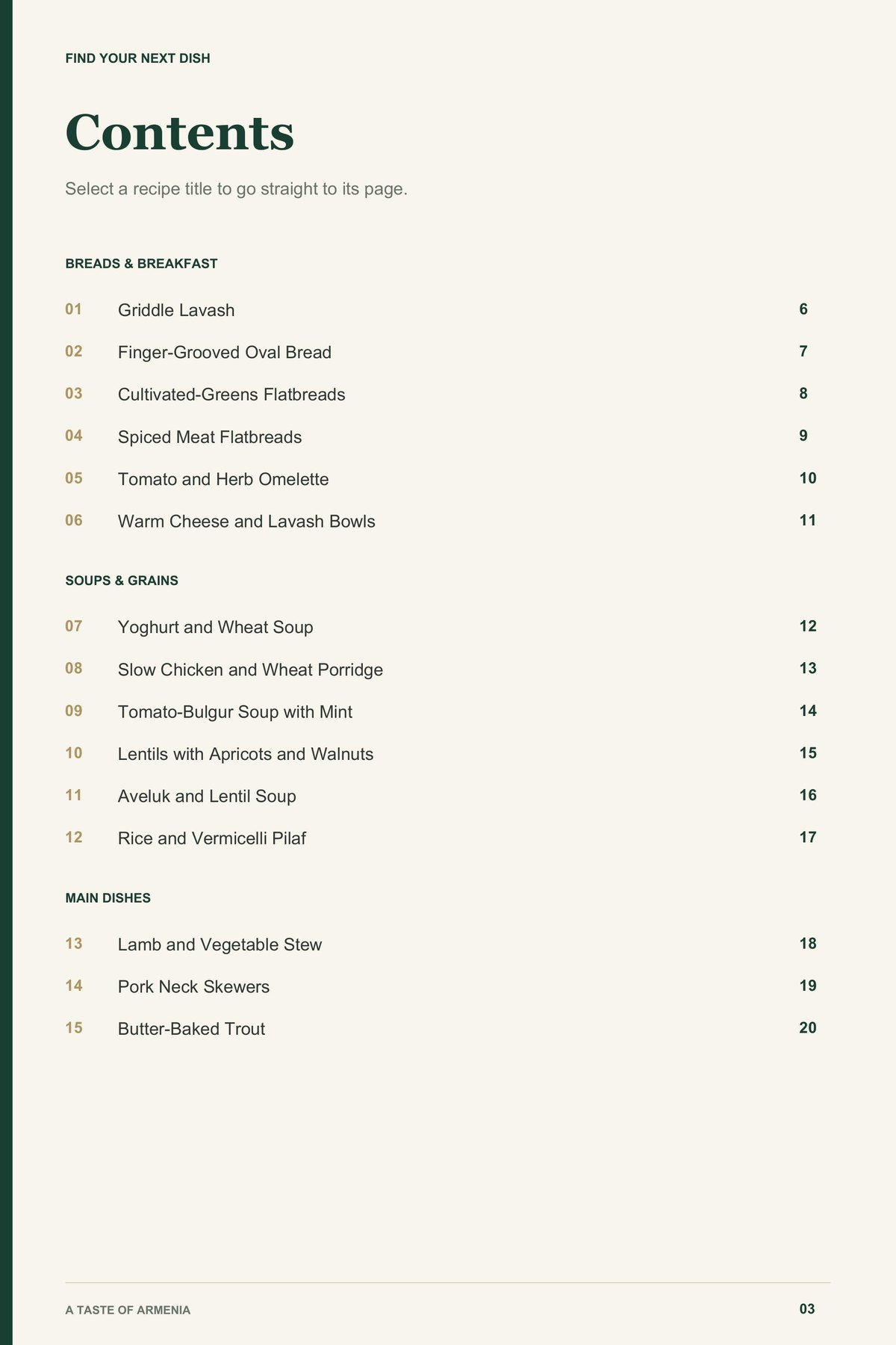 Contents, page 1 from A Taste of Armenia