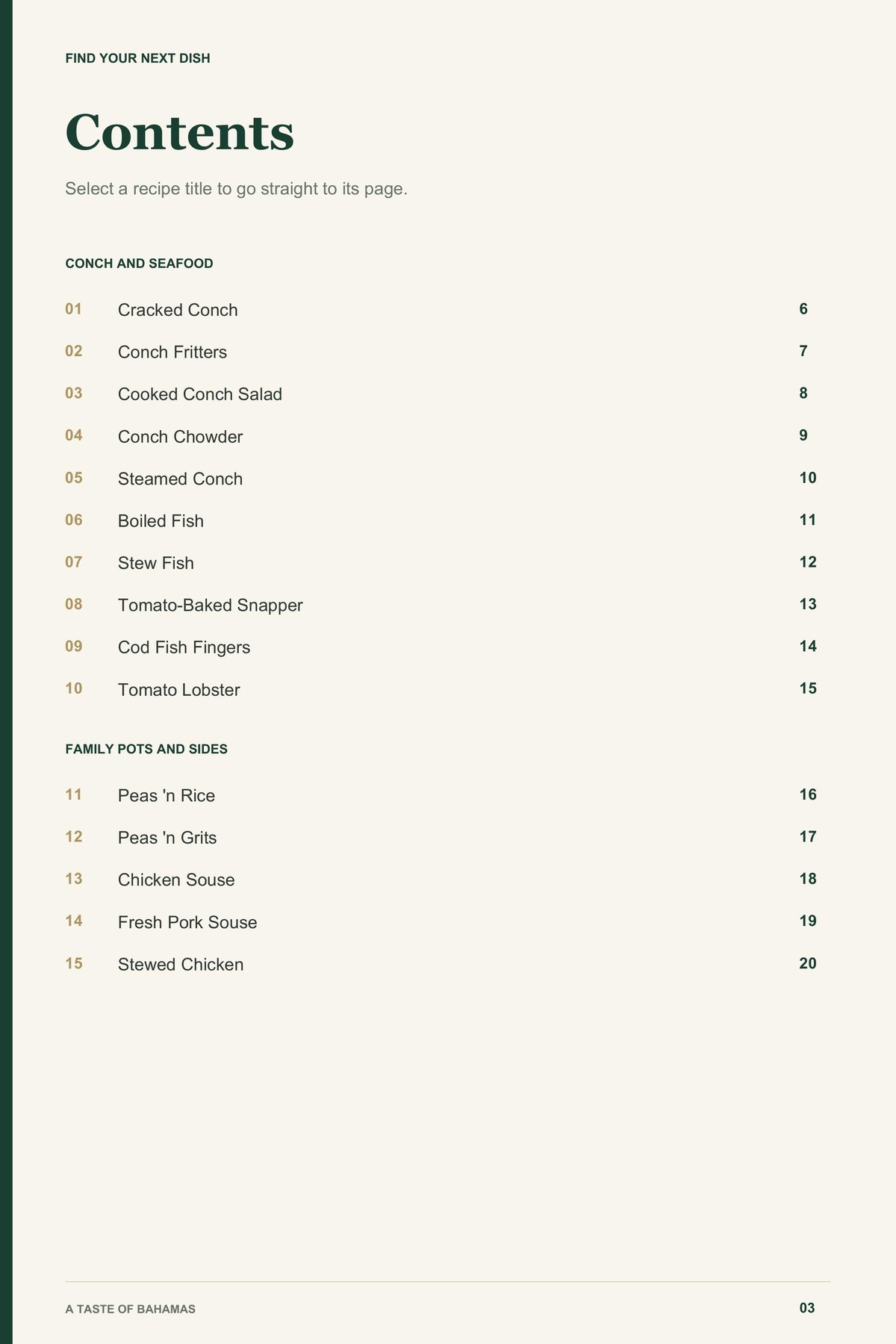 Contents, page 1 from A Taste of Bahamas