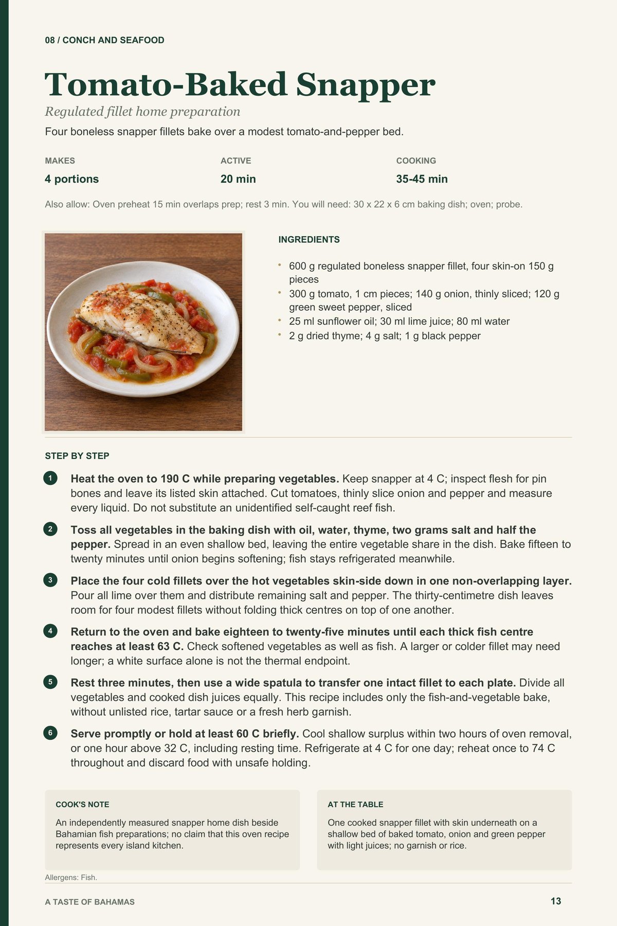 Tomato-Baked Snapper recipe page from A Taste of Bahamas
