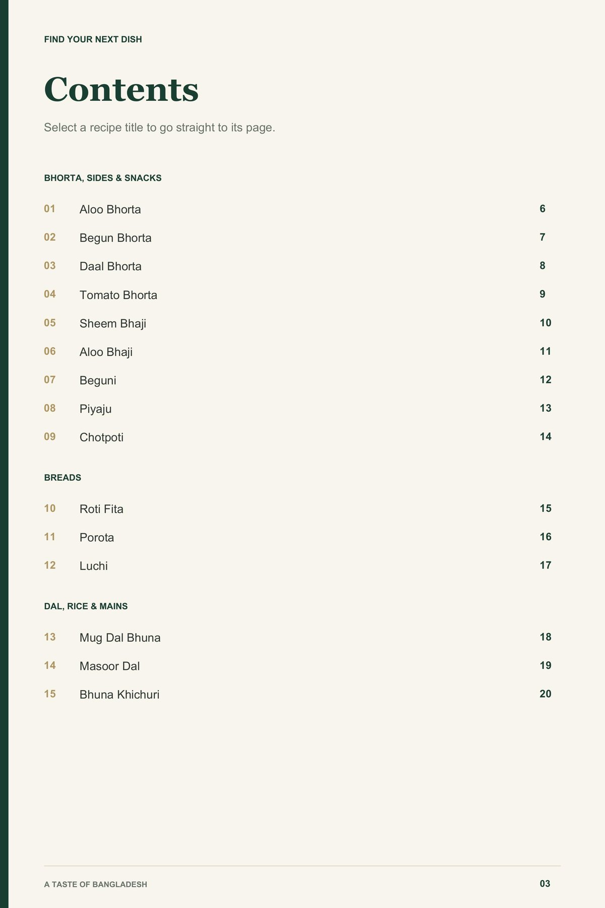 Contents, page 1 from A Taste of Bangladesh