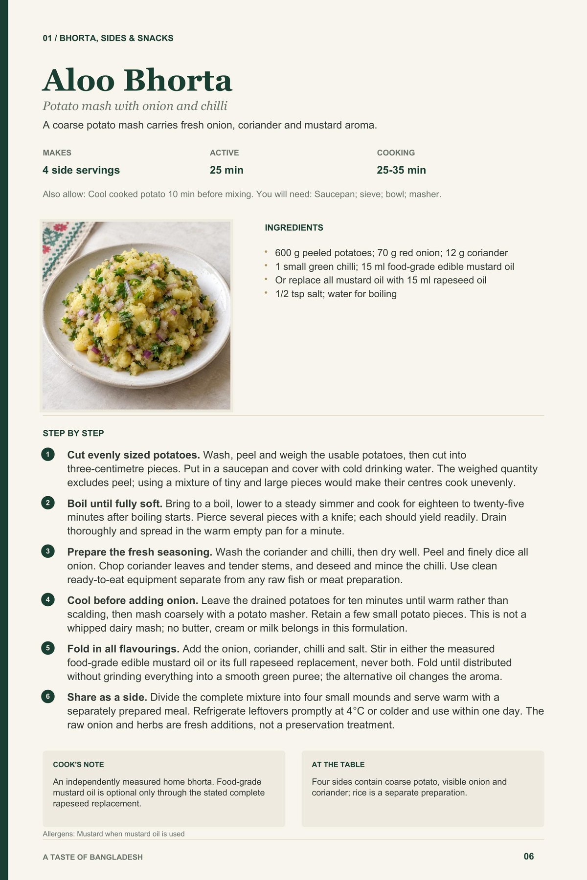 Aloo Bhorta recipe page from A Taste of Bangladesh