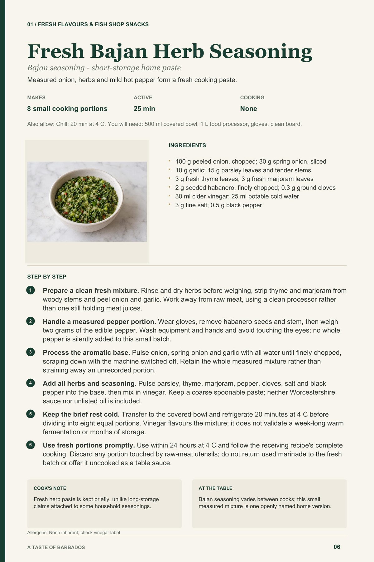 Fresh Bajan Herb Seasoning recipe page from A Taste of Barbados