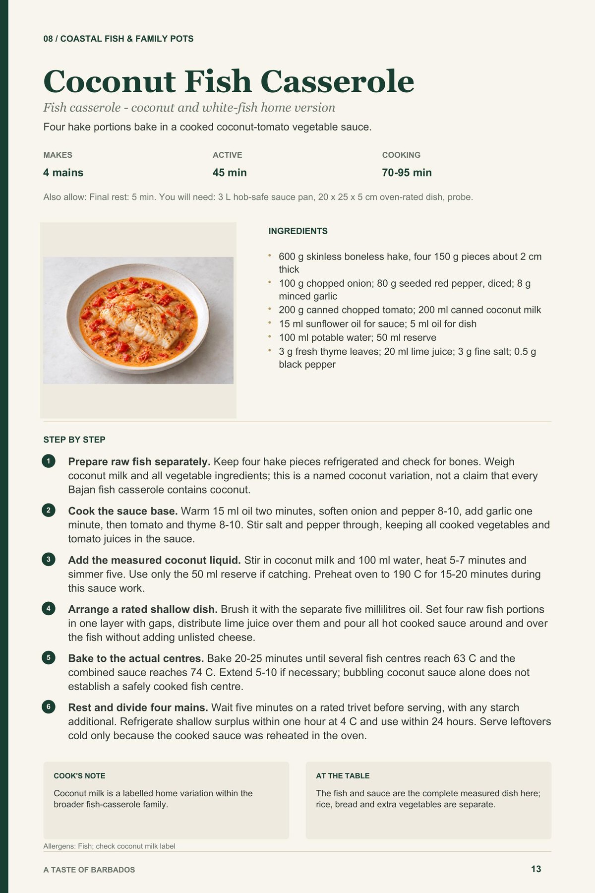 Coconut Fish Casserole recipe page from A Taste of Barbados