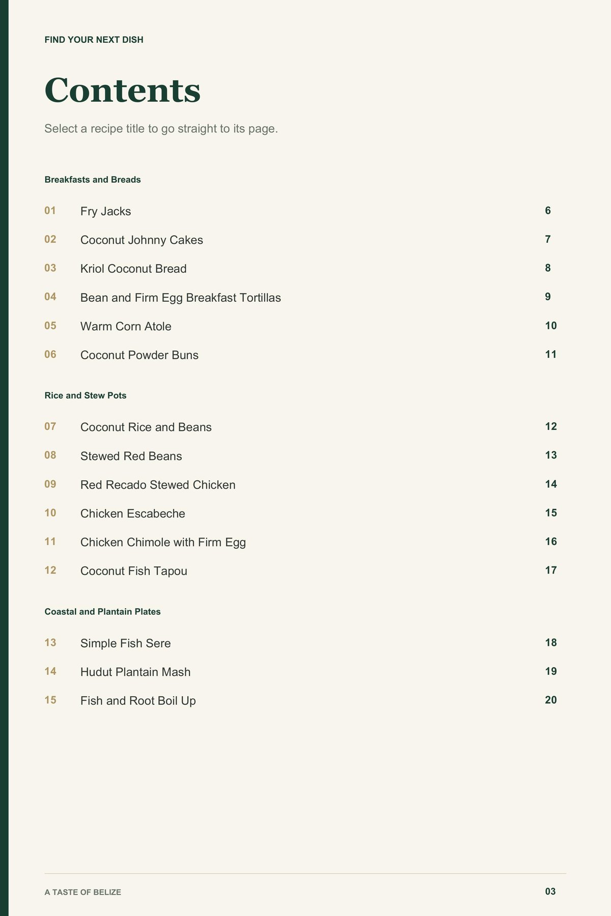 Contents, page 1 from A Taste of Belize