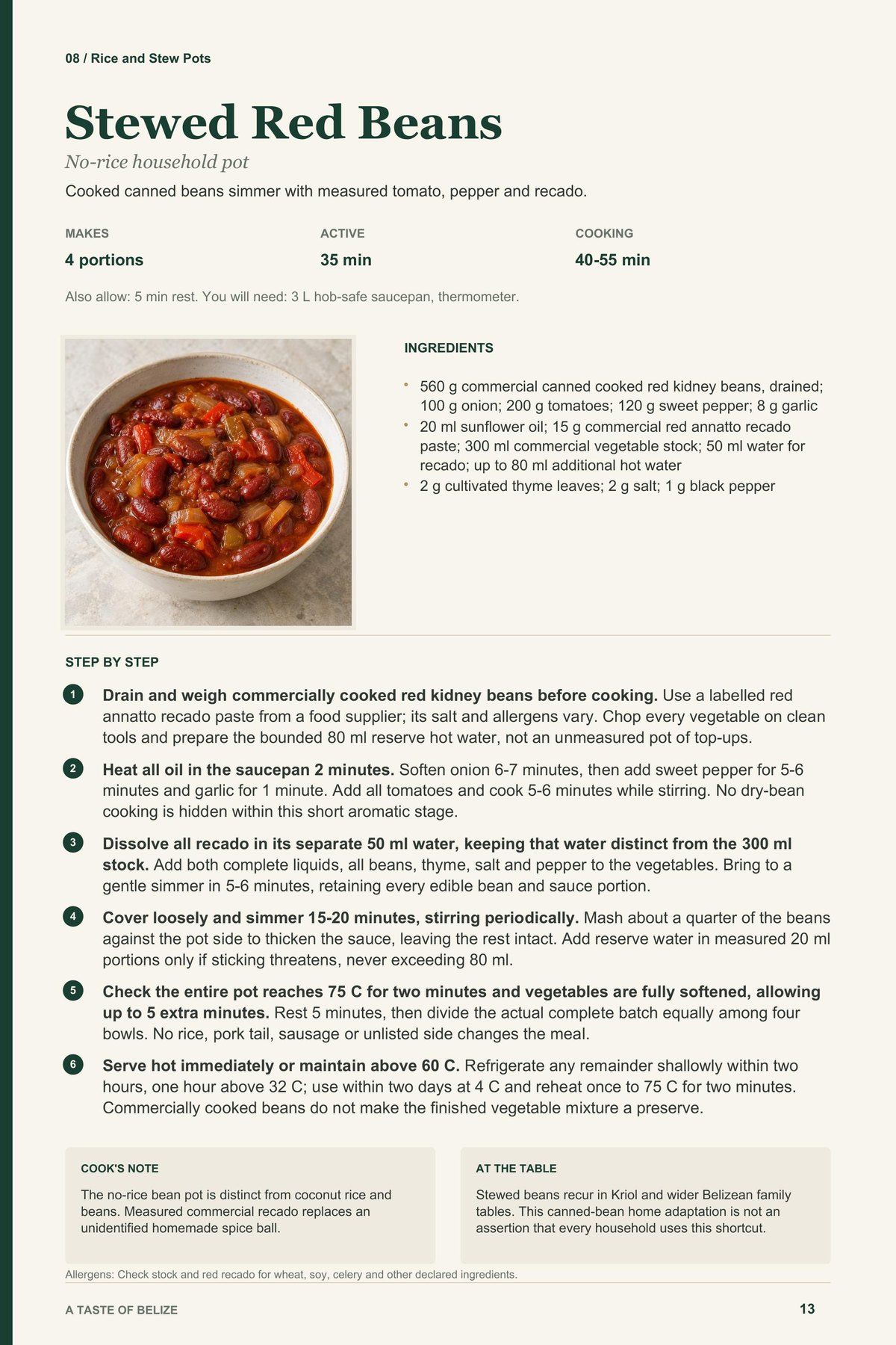 Stewed Red Beans recipe page from A Taste of Belize