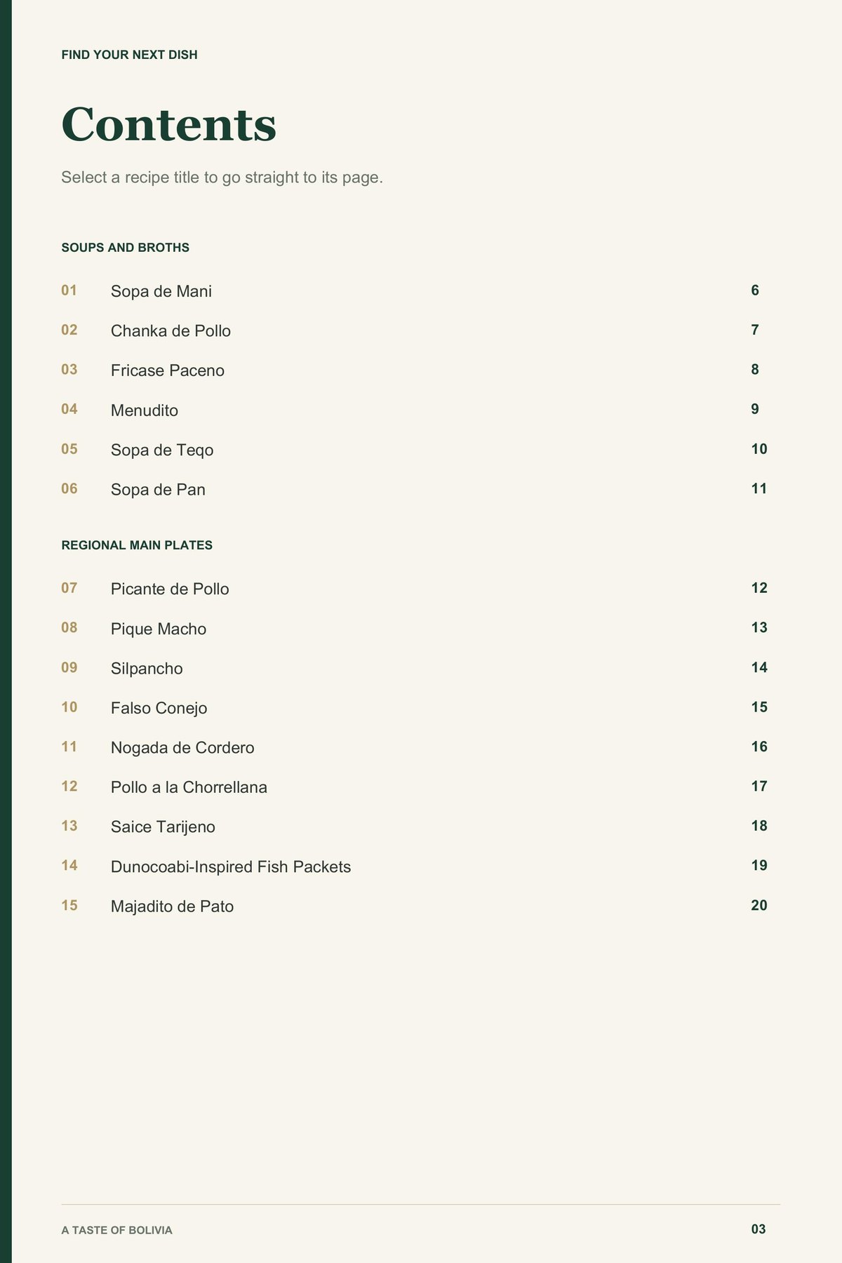 Contents, page 1 from A Taste of Bolivia