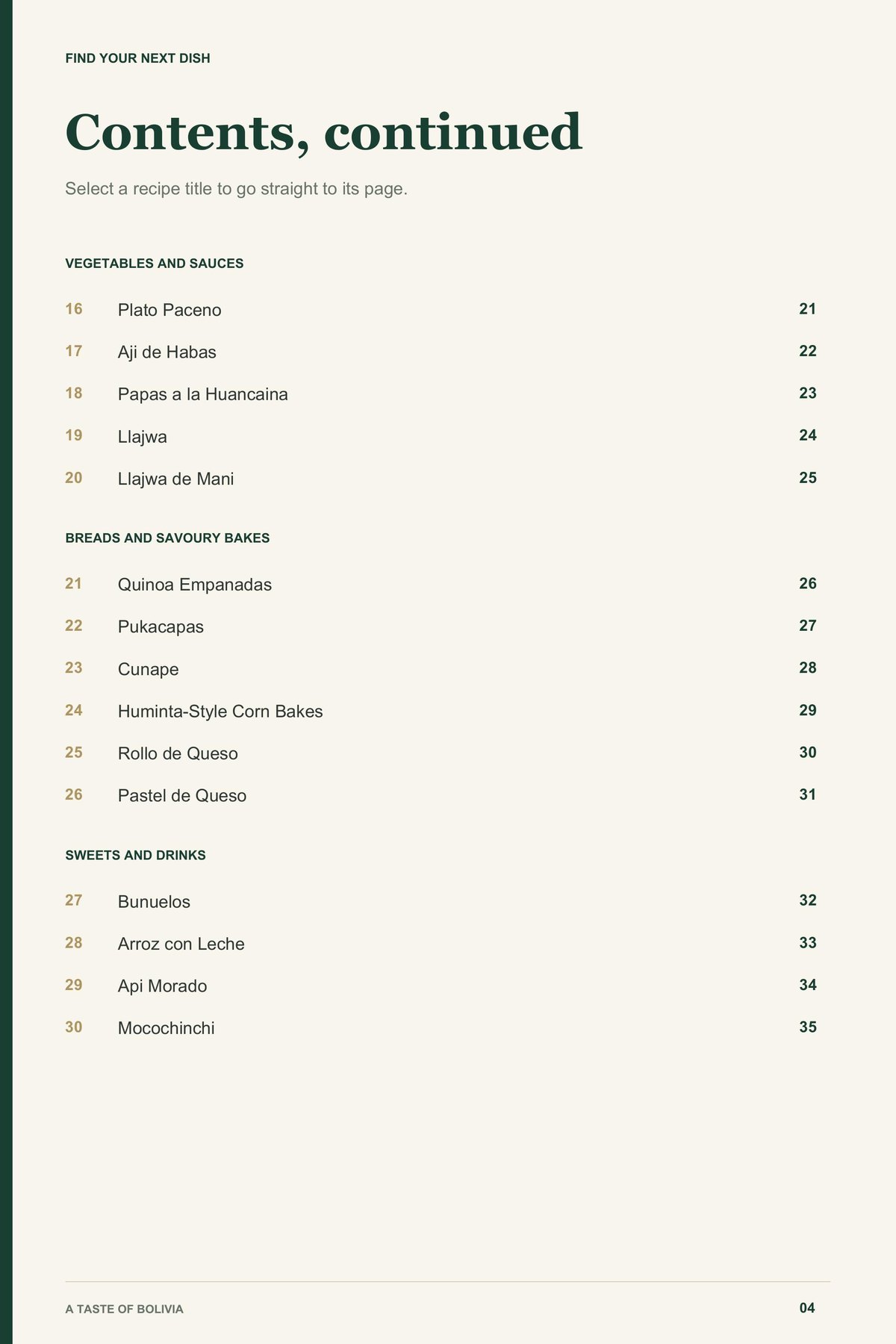 Contents, page 2 from A Taste of Bolivia