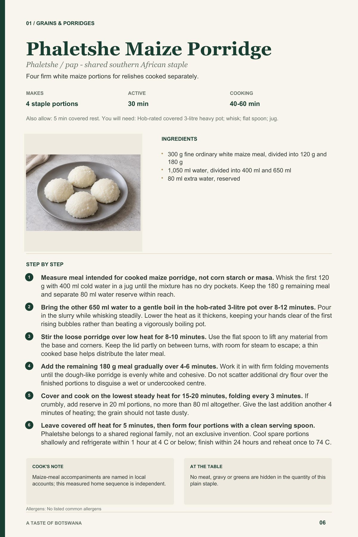 Phaletshe Maize Porridge recipe page from A Taste of Botswana