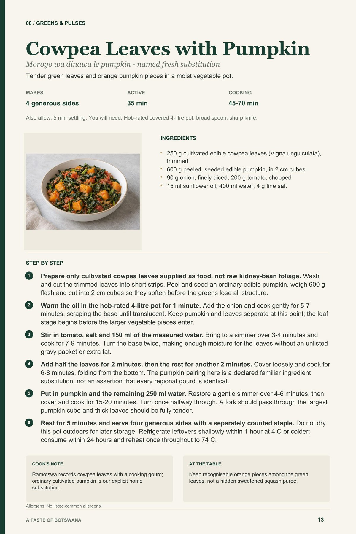 Cowpea Leaves with Pumpkin recipe page from A Taste of Botswana