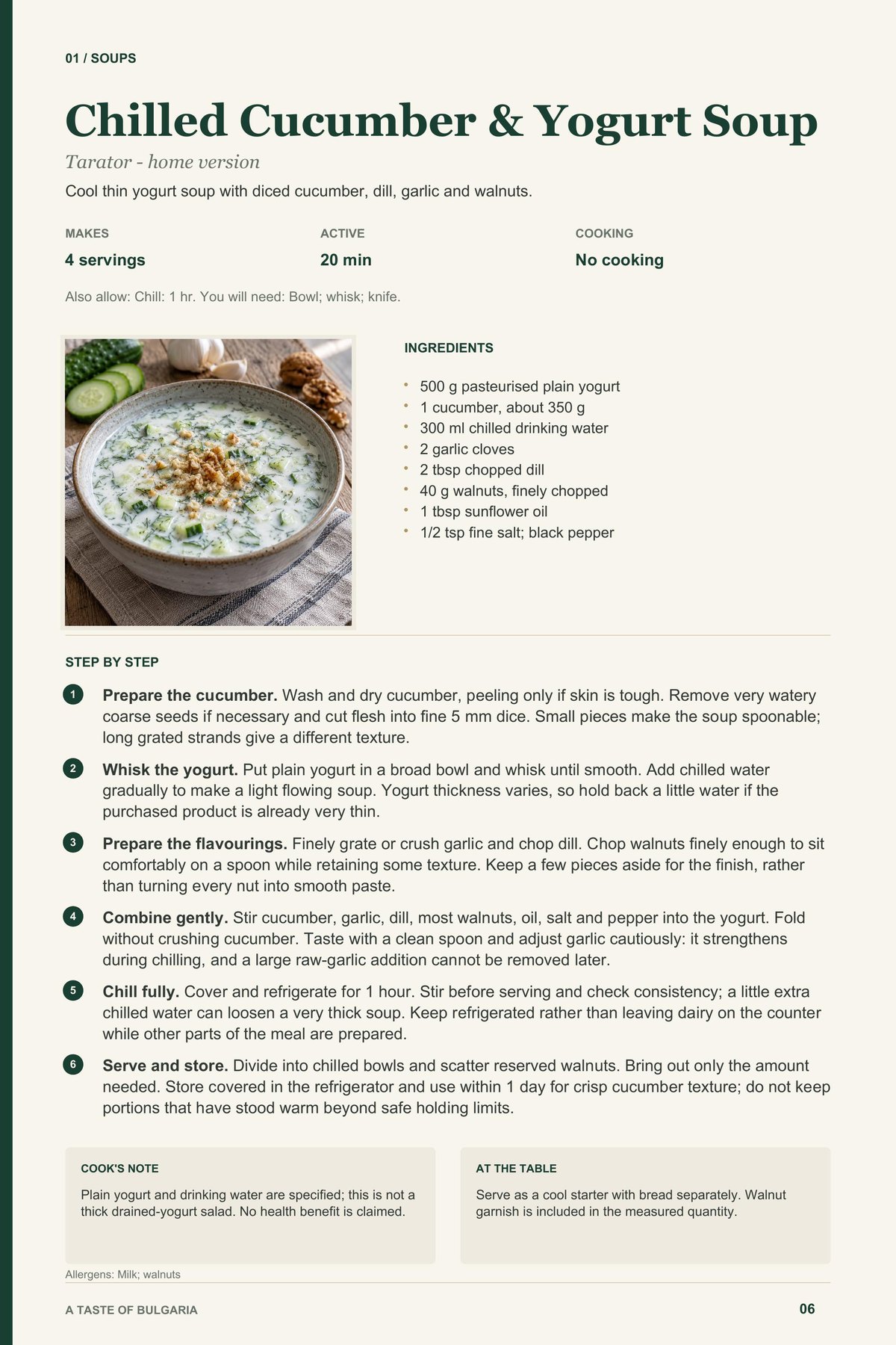 Chilled Cucumber & Yogurt Soup recipe page from A Taste of Bulgaria