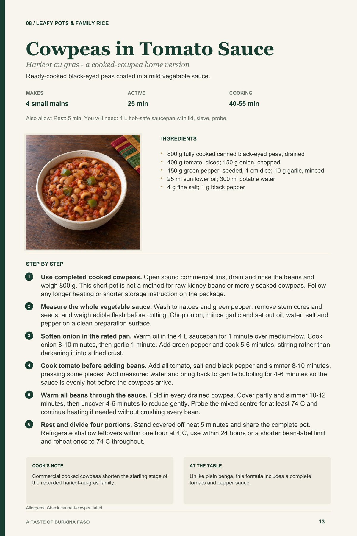 Cowpeas in Tomato Sauce recipe page from A Taste of Burkina Faso