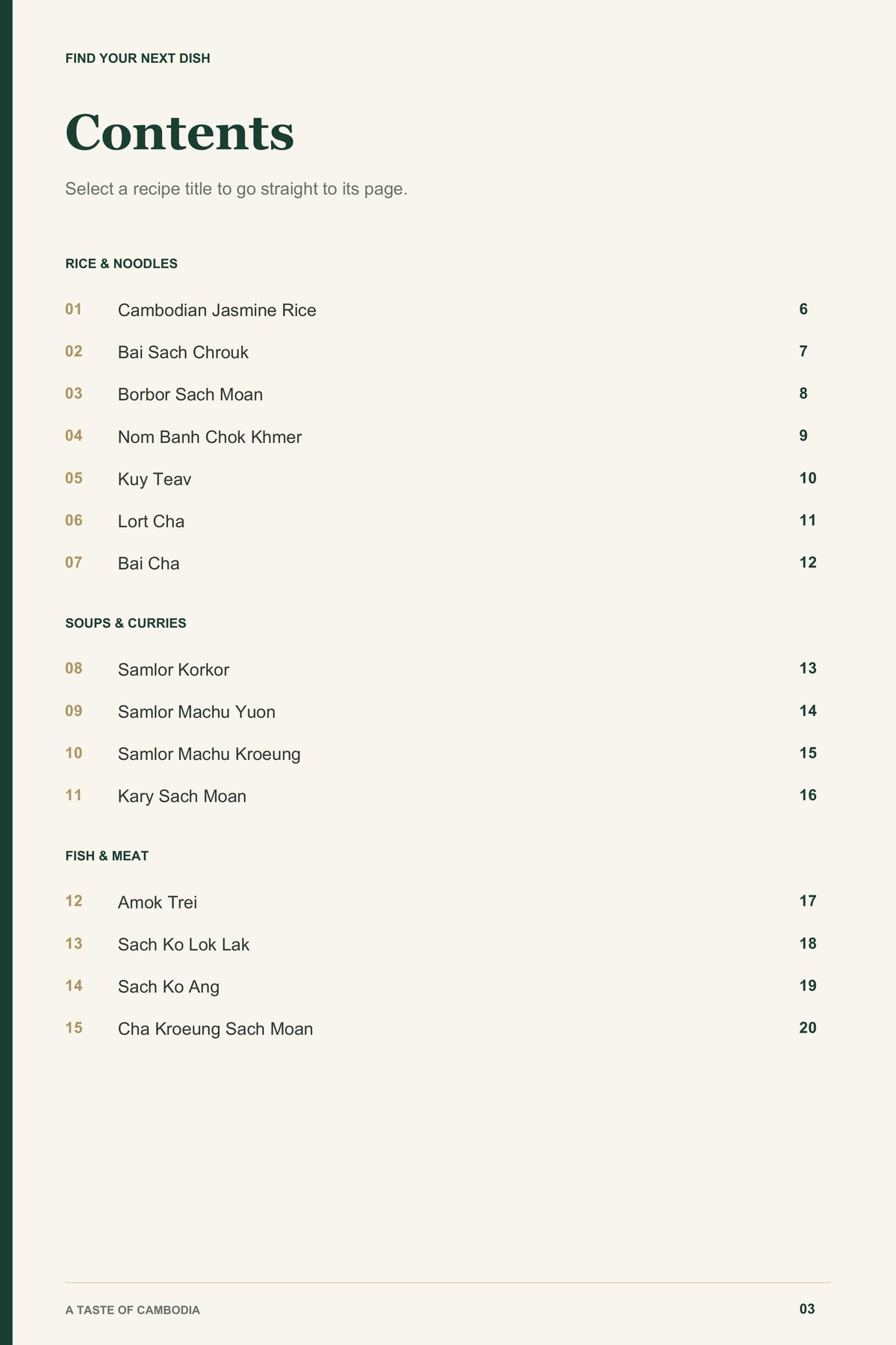 Contents, page 1 from A Taste of Cambodia