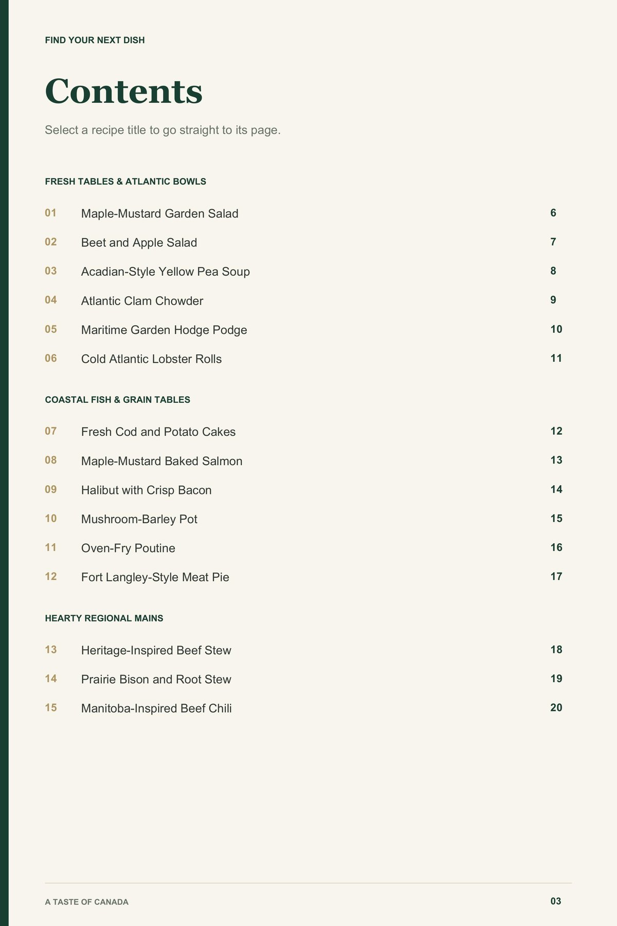 Contents, page 1 from A Taste of Canada