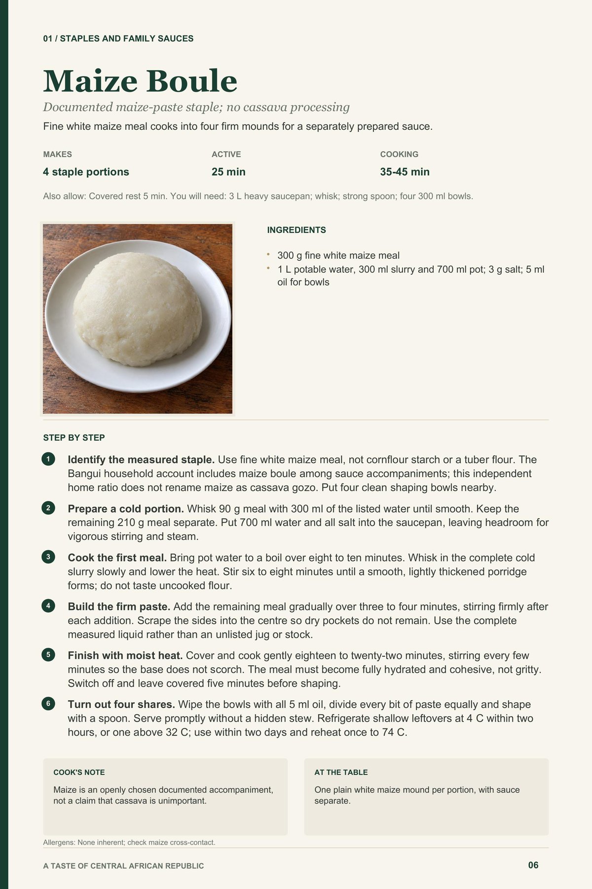 Maize Boule recipe page from A Taste of Central African Republic