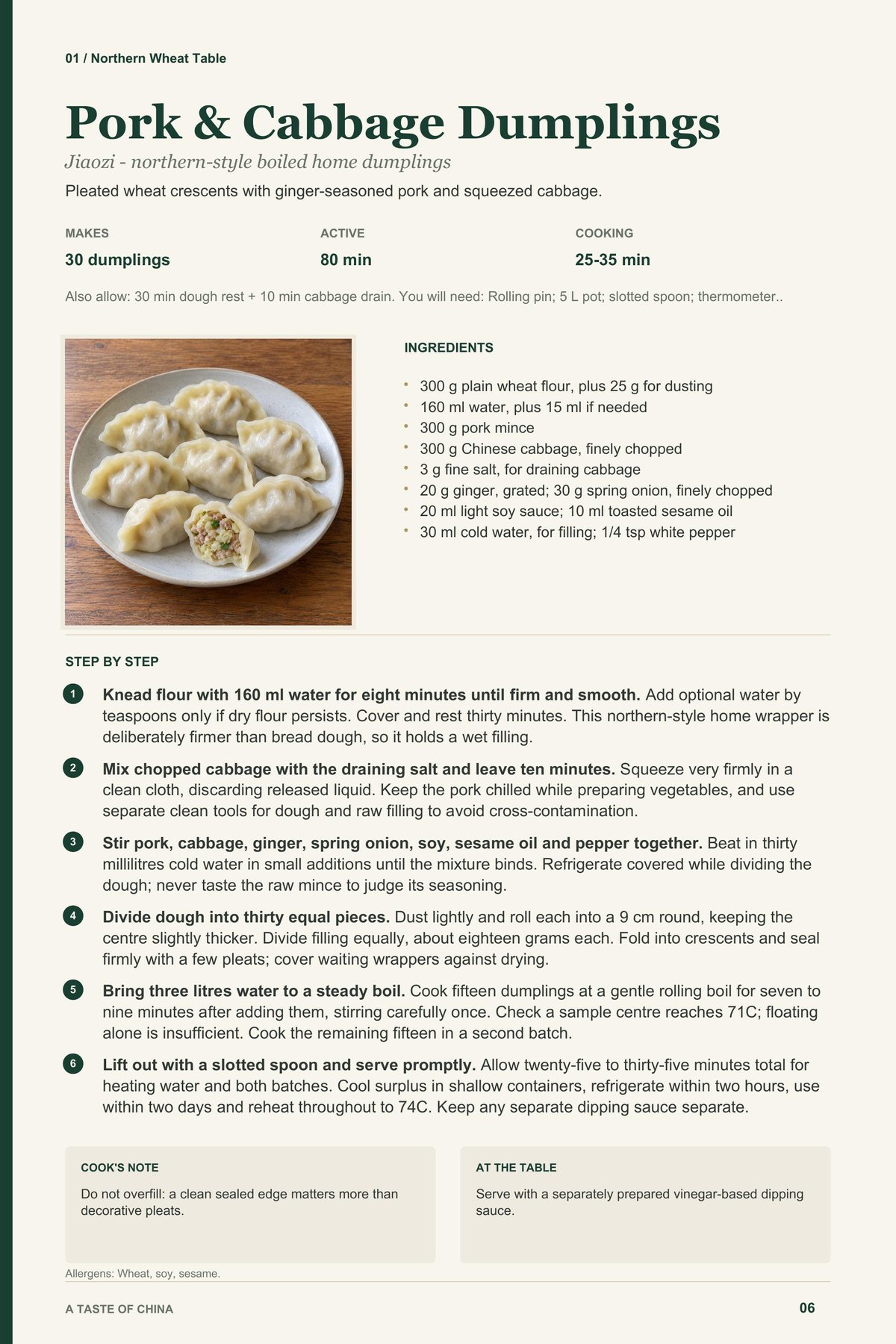 Pork & Cabbage Dumplings recipe page from A Taste of China