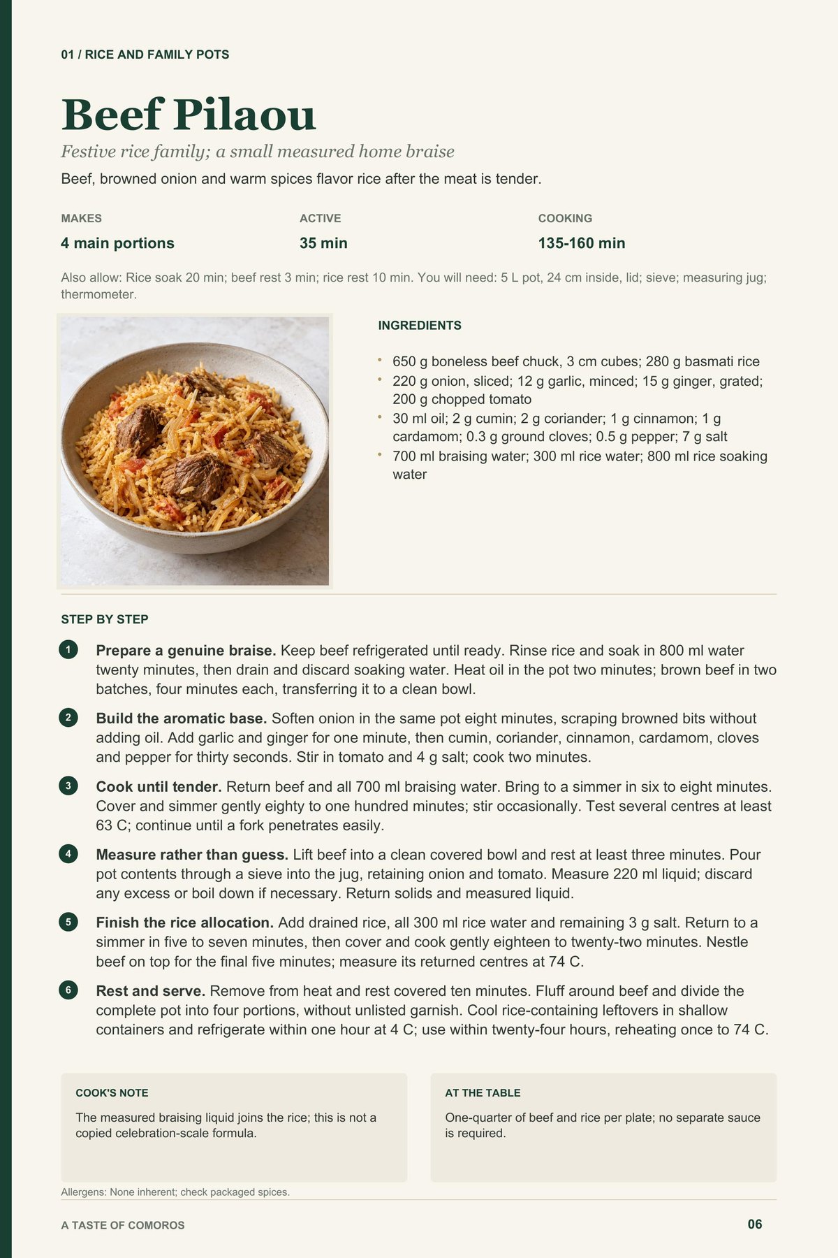 Beef Pilaou recipe page from A Taste of Comoros
