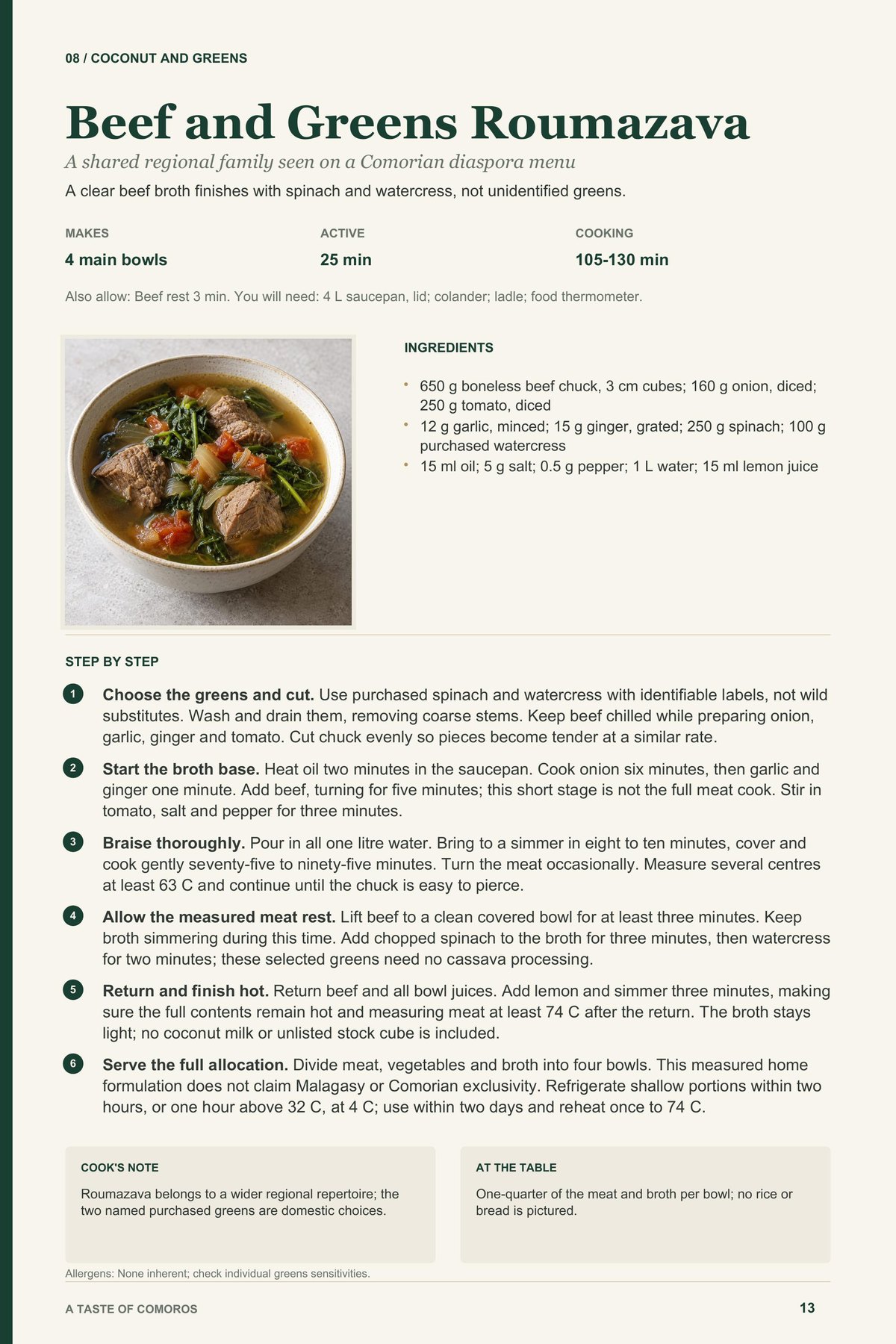 Beef and Greens Roumazava recipe page from A Taste of Comoros