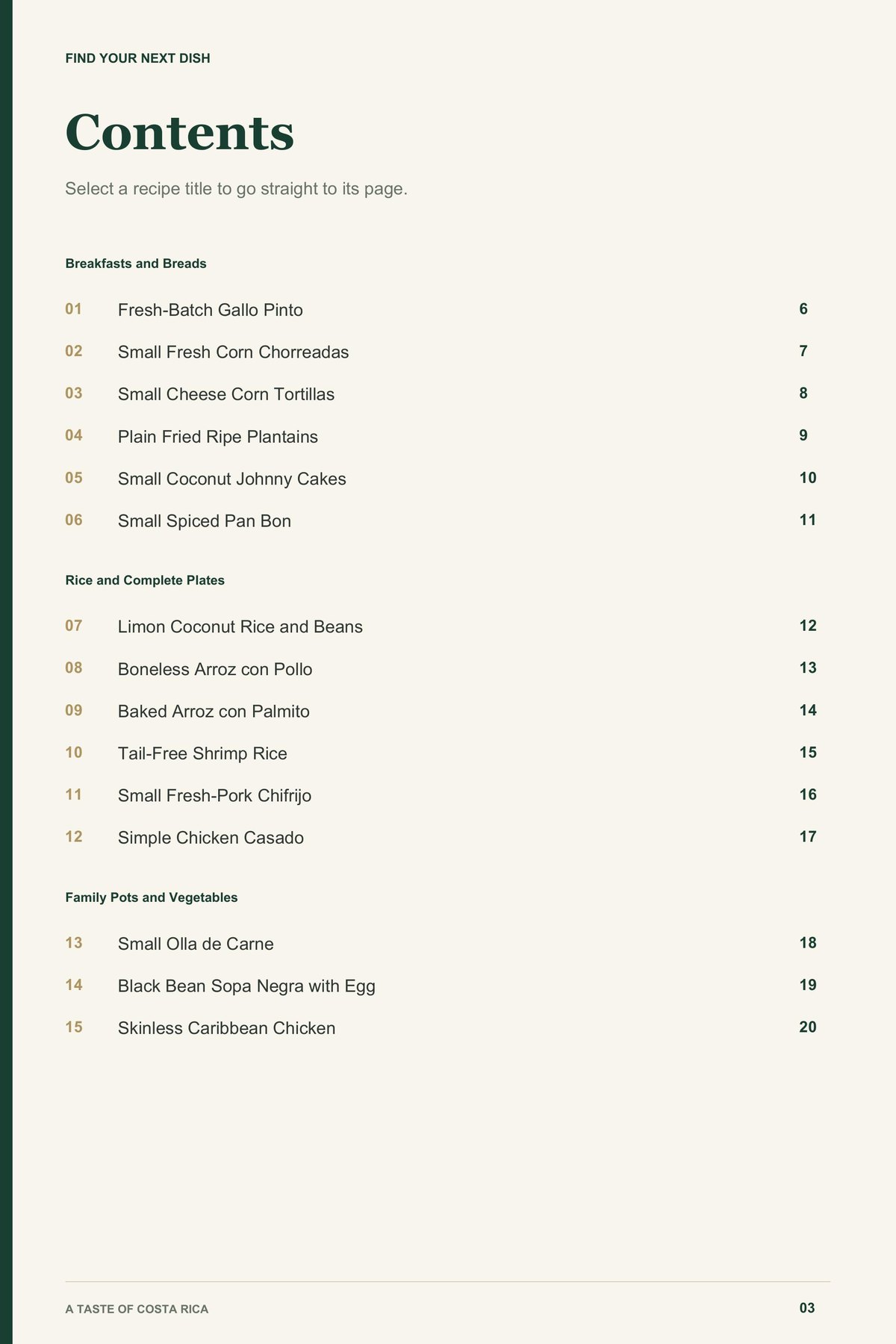 Contents, page 1 from A Taste of Costa Rica