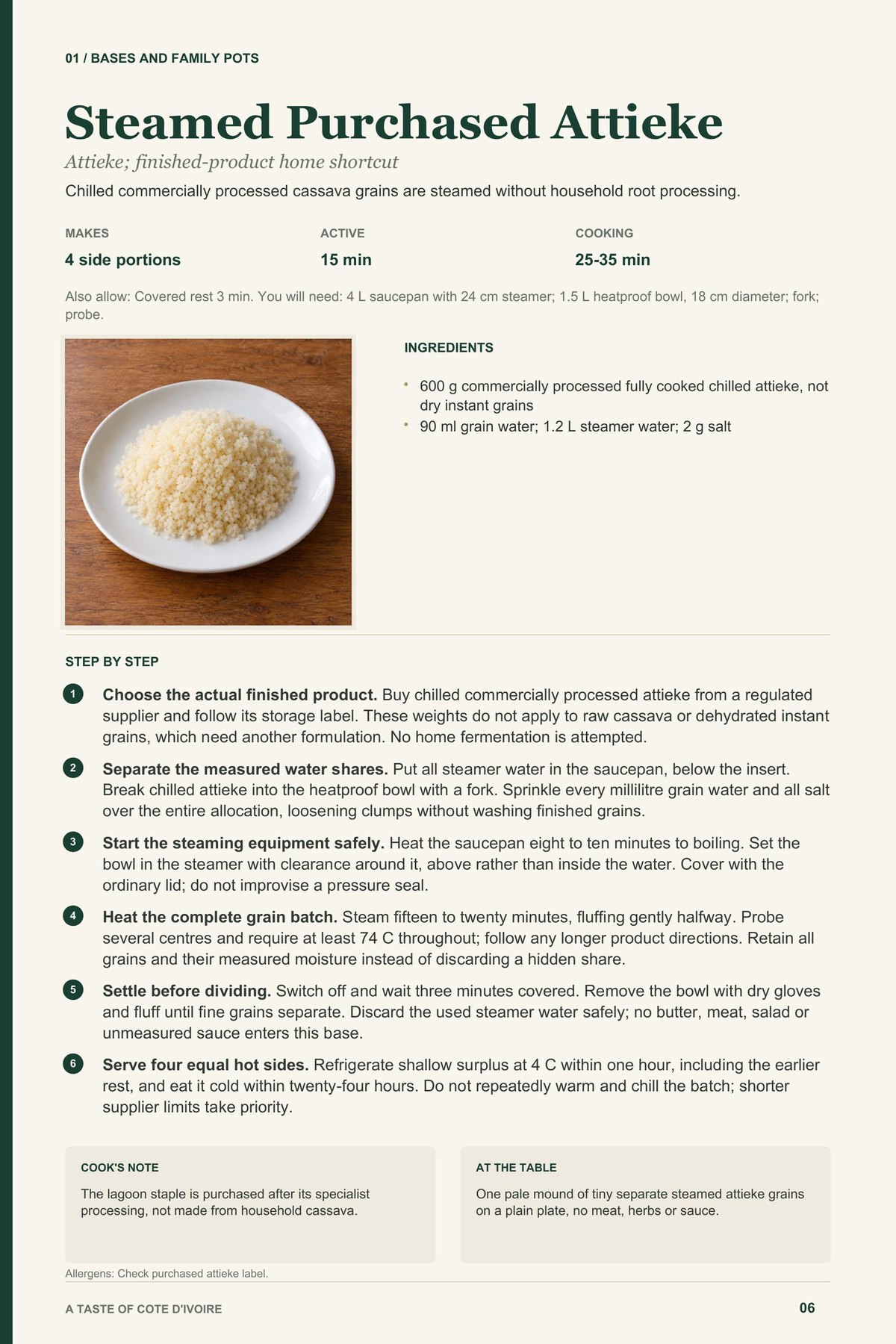 Steamed Purchased Attieke recipe page from A Taste of Cote d'Ivoire