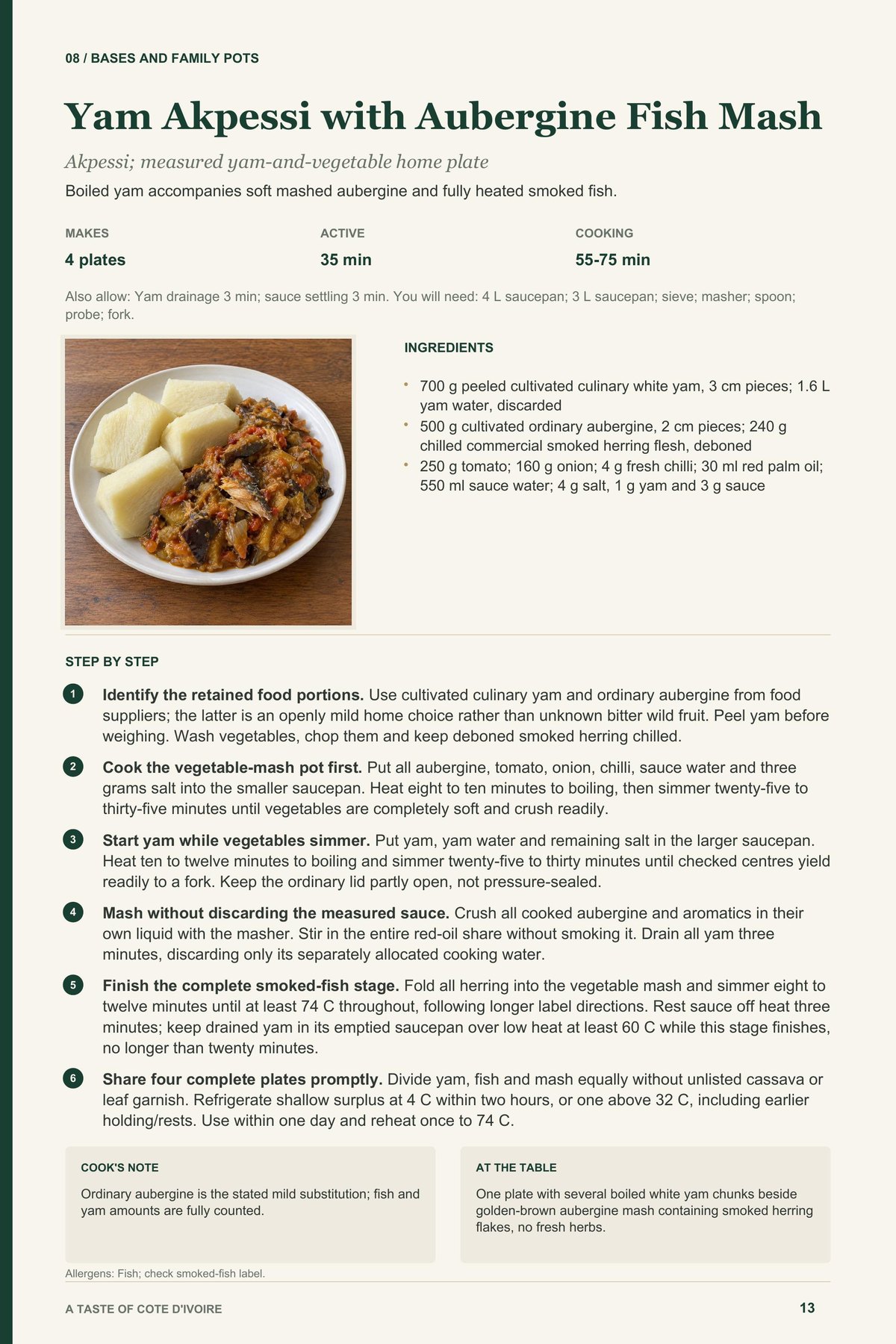 Yam Akpessi with Aubergine Fish Mash recipe page from A Taste of Cote d'Ivoire