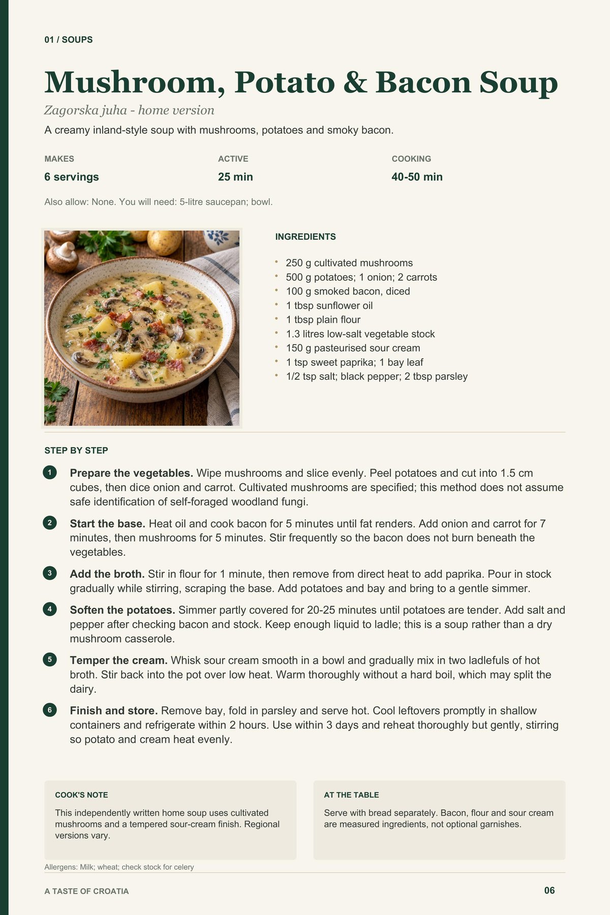 Mushroom, Potato & Bacon Soup recipe page from A Taste of Croatia