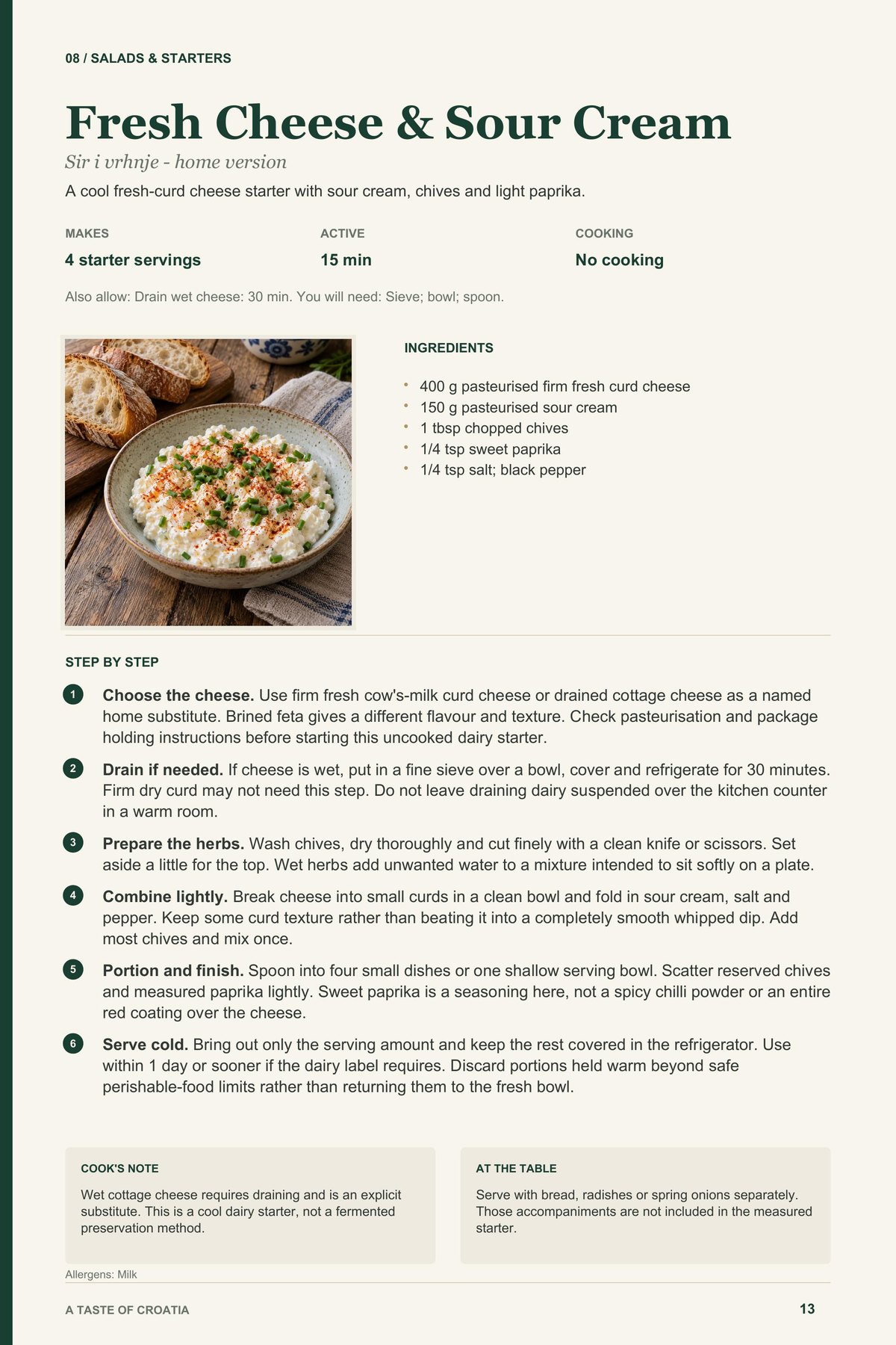 Fresh Cheese & Sour Cream recipe page from A Taste of Croatia