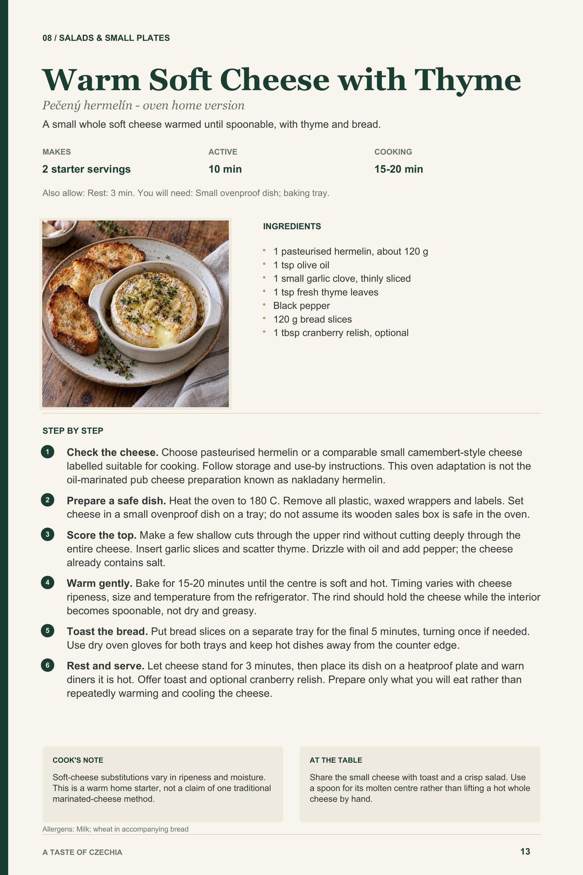Warm Soft Cheese with Thyme recipe page from A Taste of Czechia