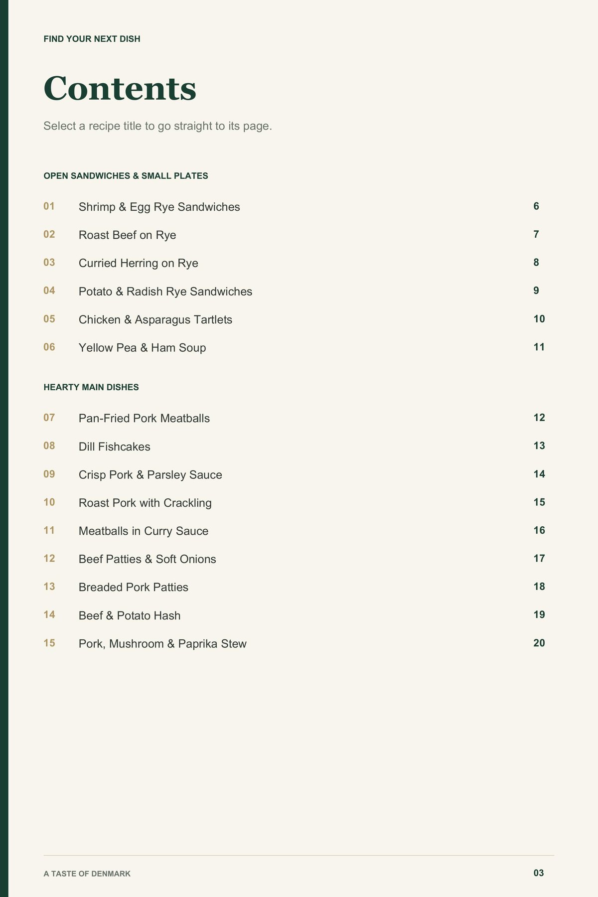 Contents, page 1 from A Taste of Denmark