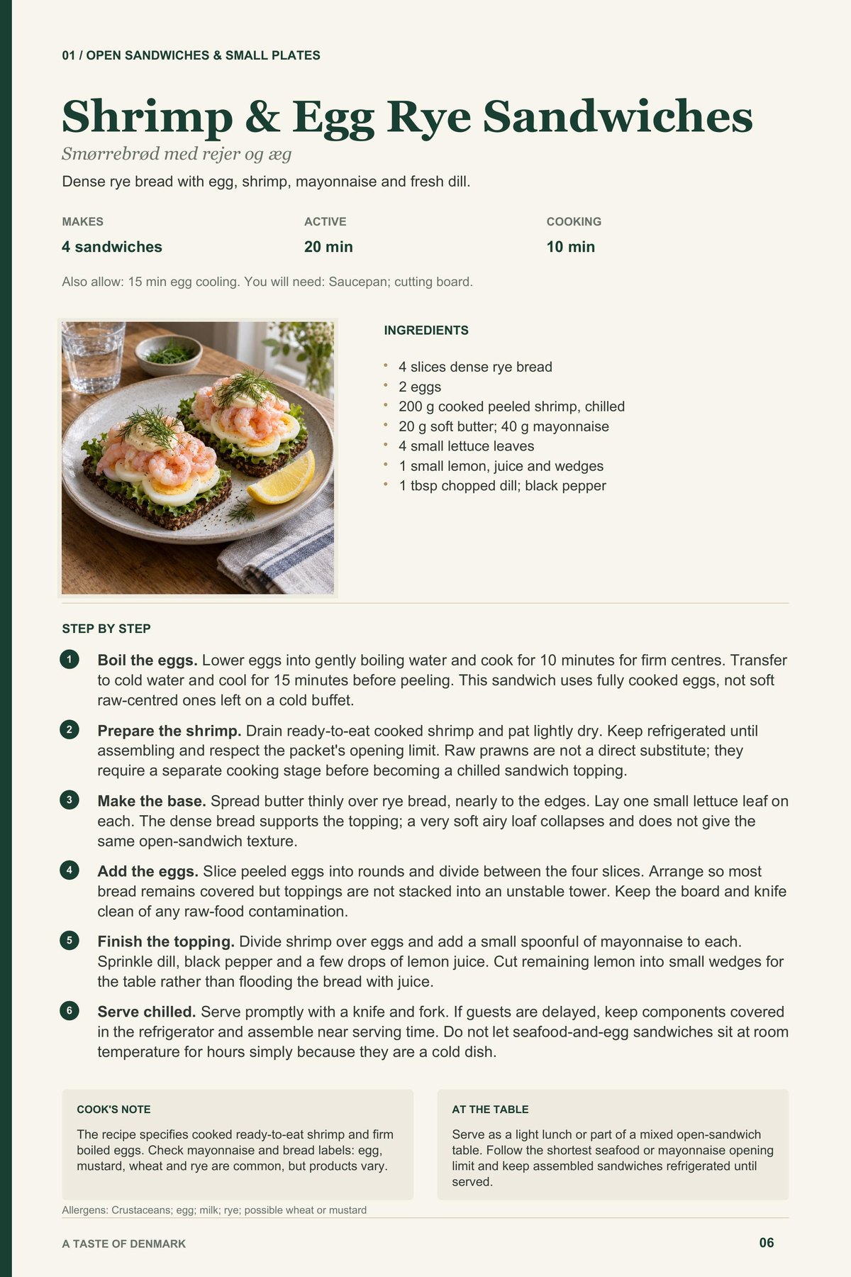 Shrimp & Egg Rye Sandwiches recipe page from A Taste of Denmark