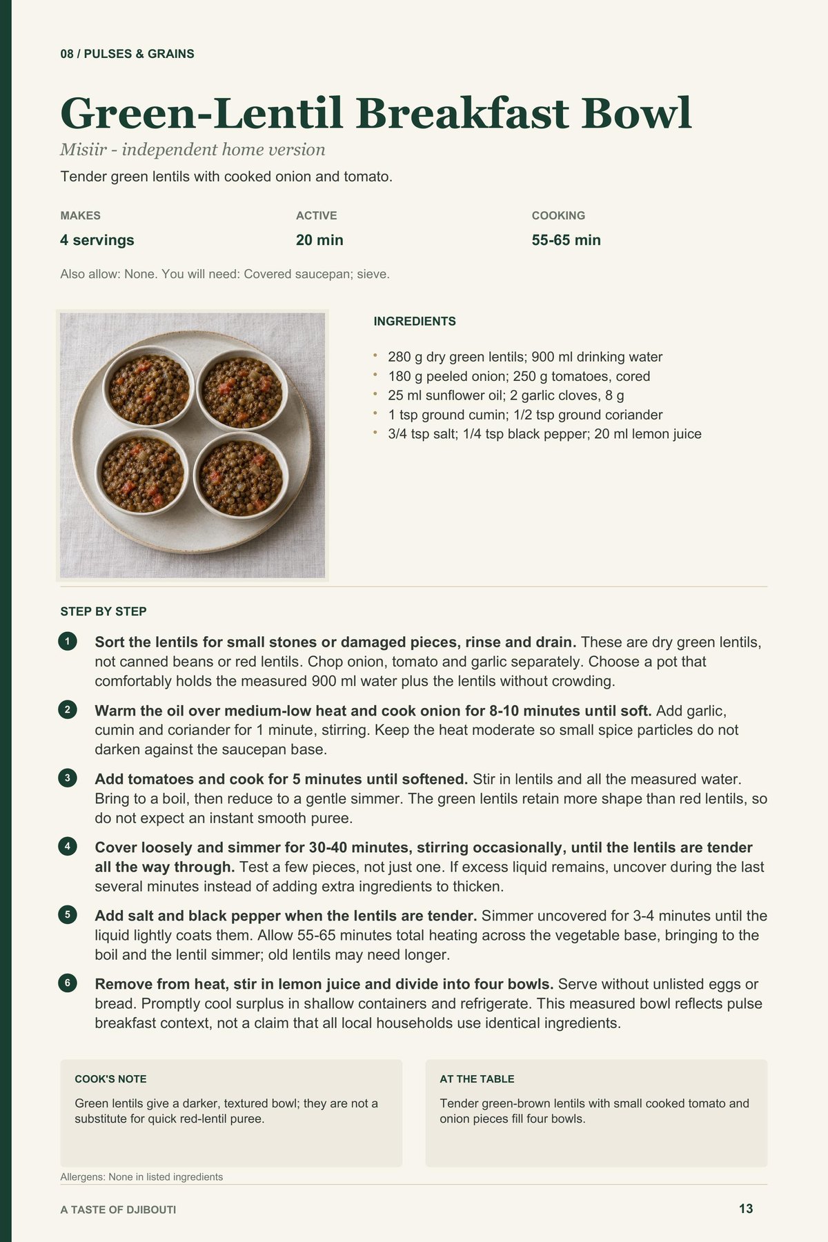 Green-Lentil Breakfast Bowl recipe page from A Taste of Djibouti