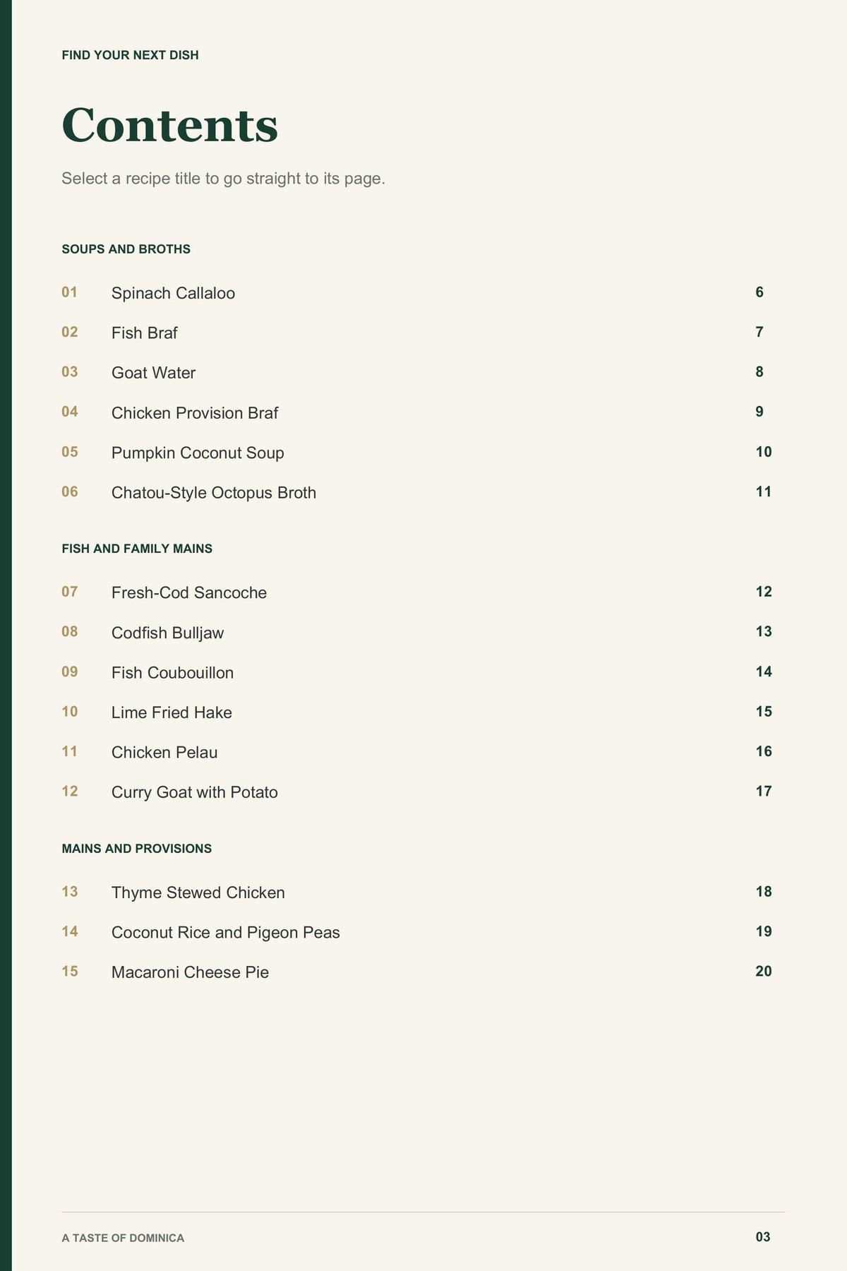 Contents, page 1 from A Taste of Dominica