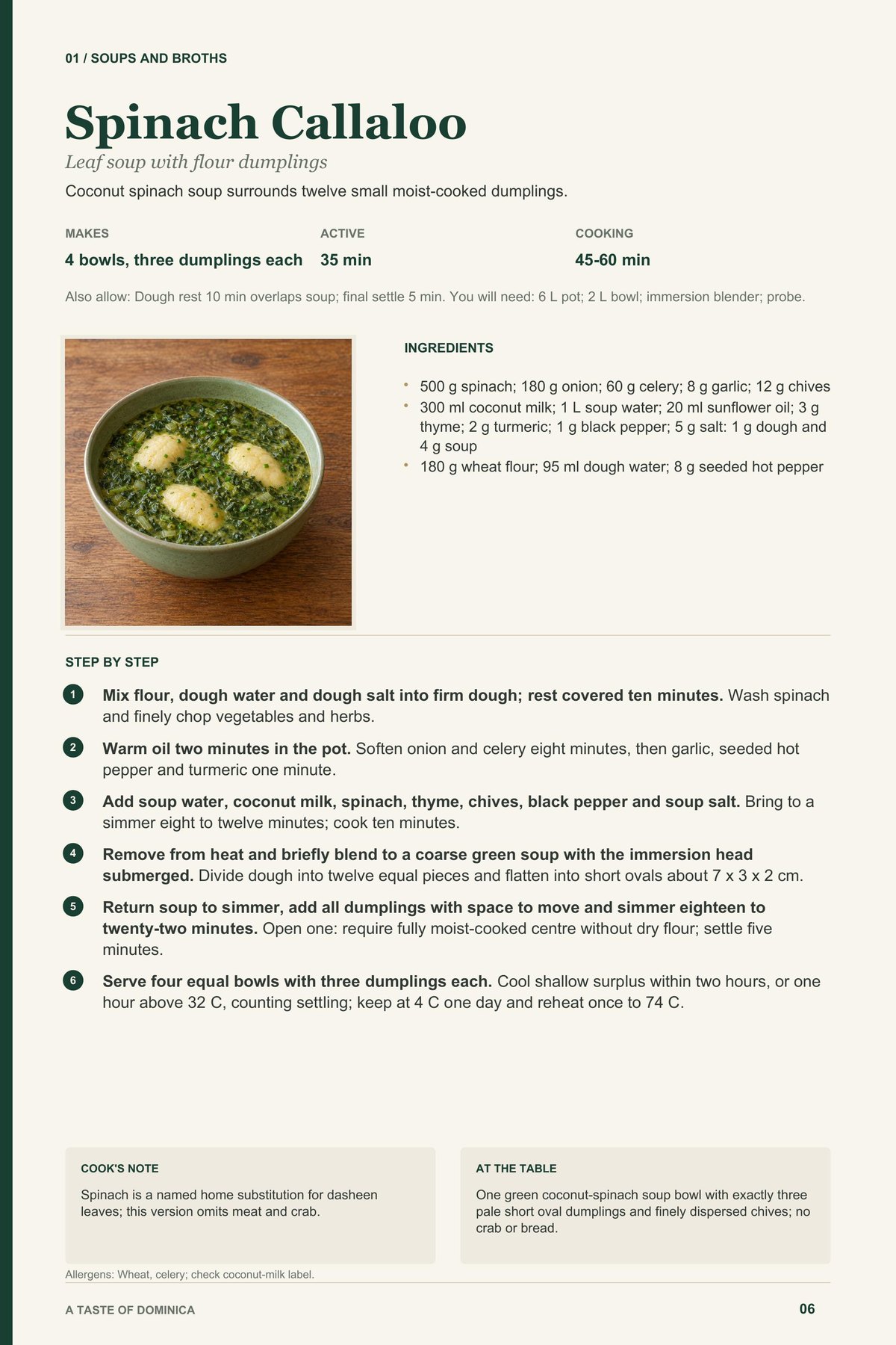 Spinach Callaloo recipe page from A Taste of Dominica