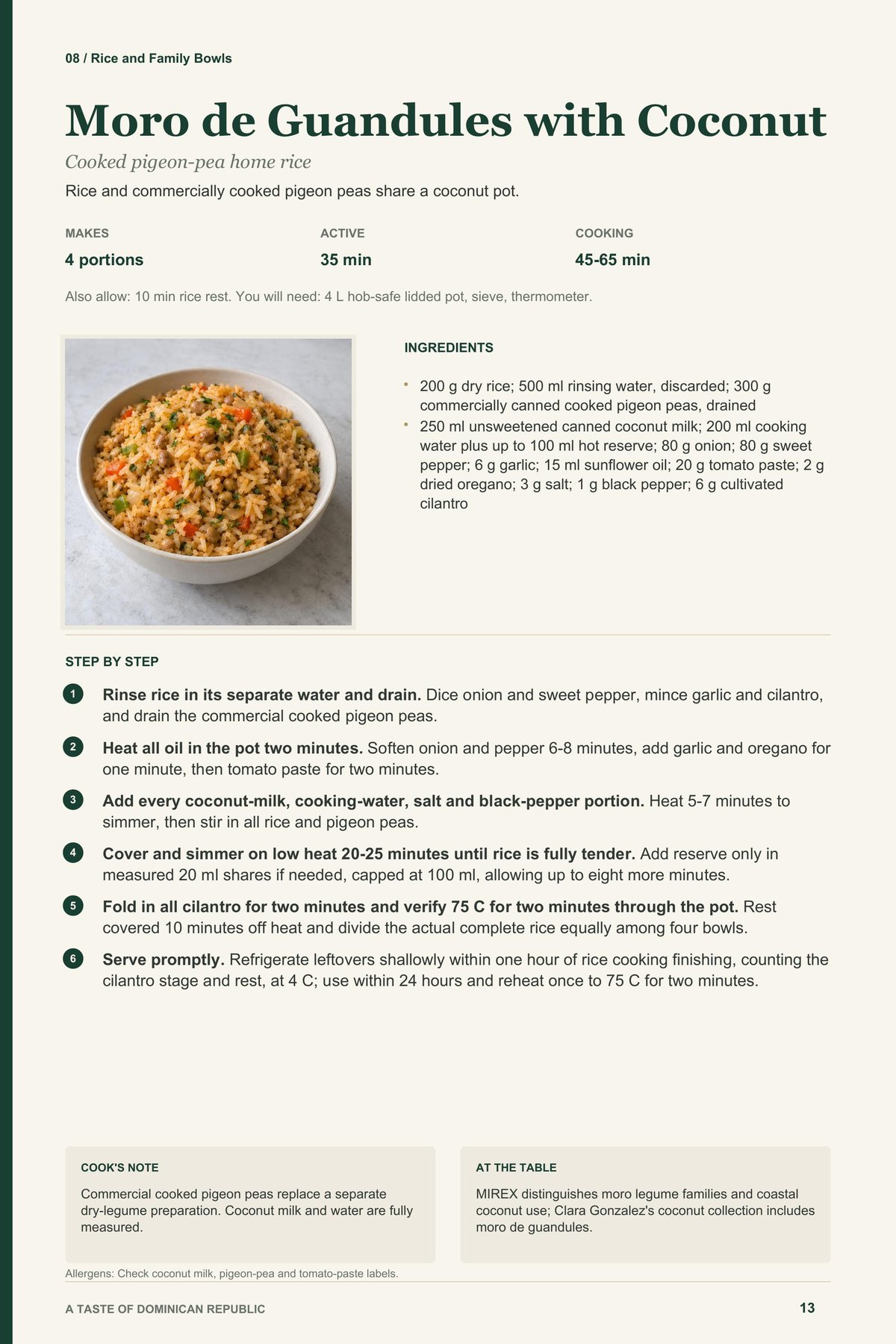 Moro de Guandules with Coconut recipe page from A Taste of Dominican Republic