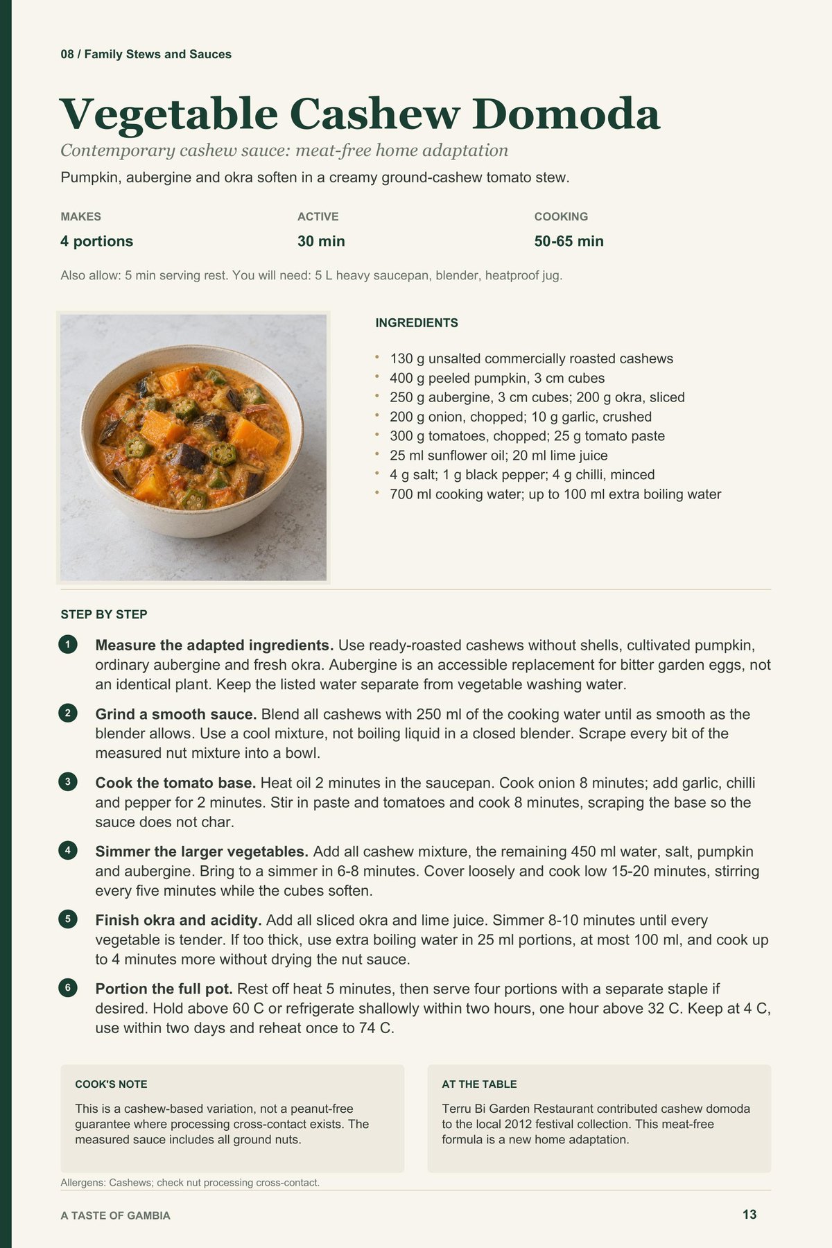 Vegetable Cashew Domoda recipe page from A Taste of Gambia