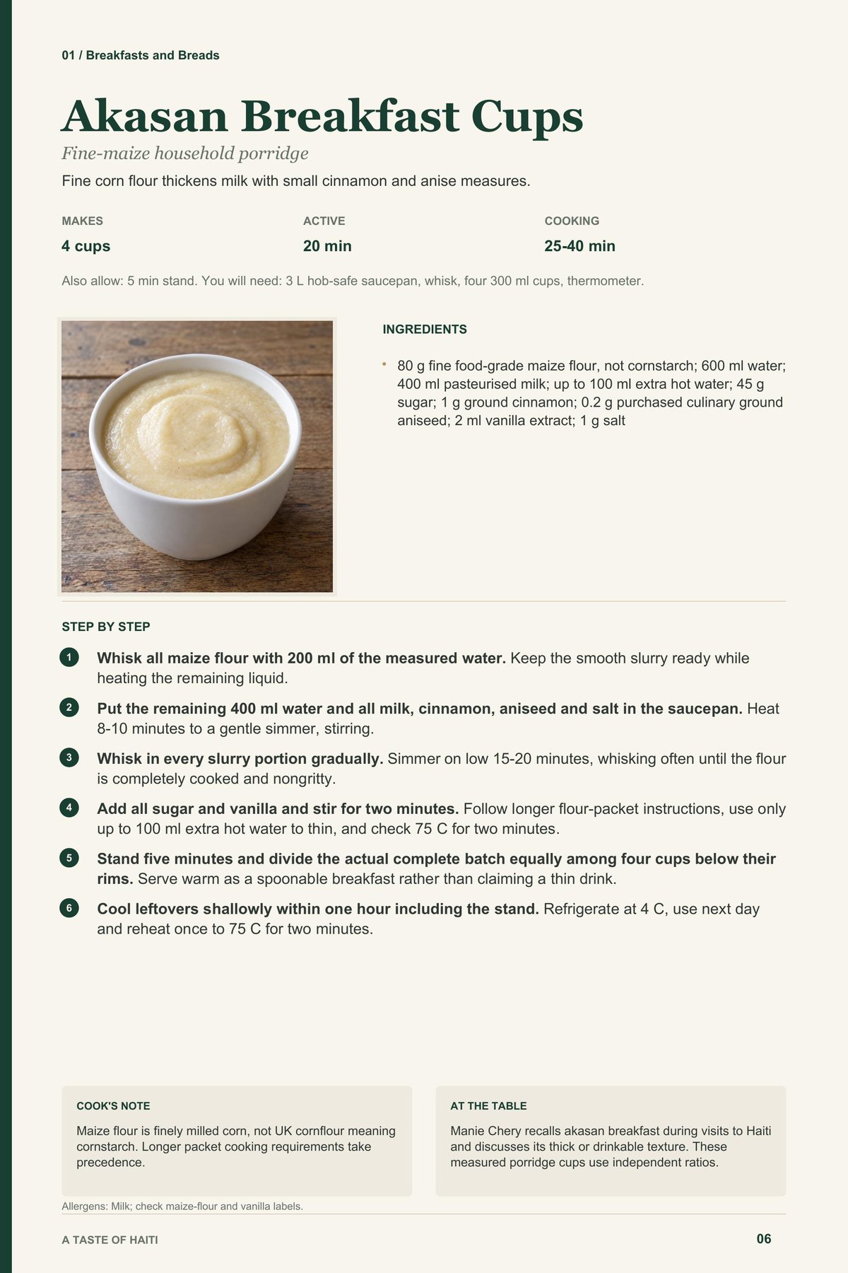 Akasan Breakfast Cups recipe page from A Taste of Haiti
