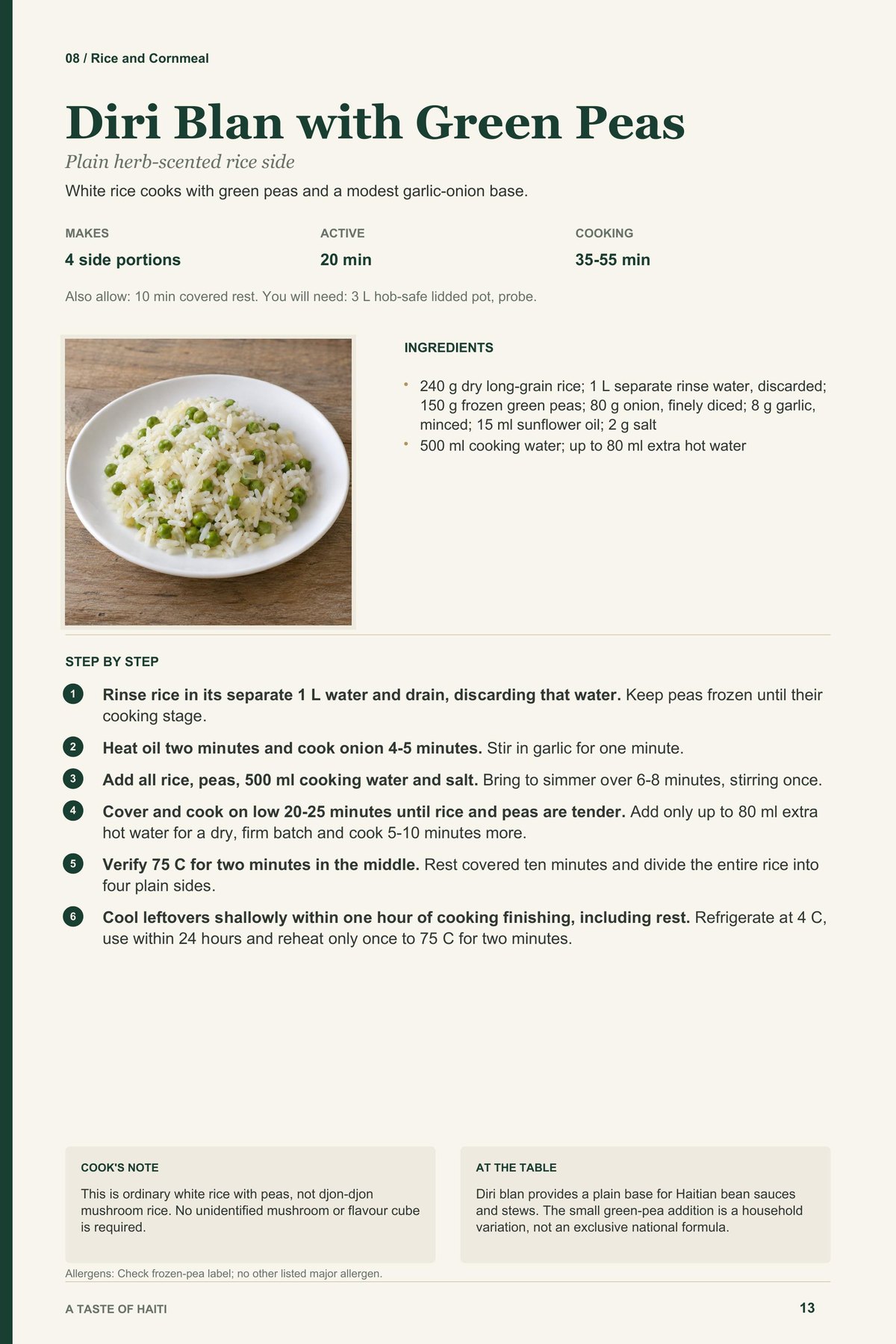 Diri Blan with Green Peas recipe page from A Taste of Haiti