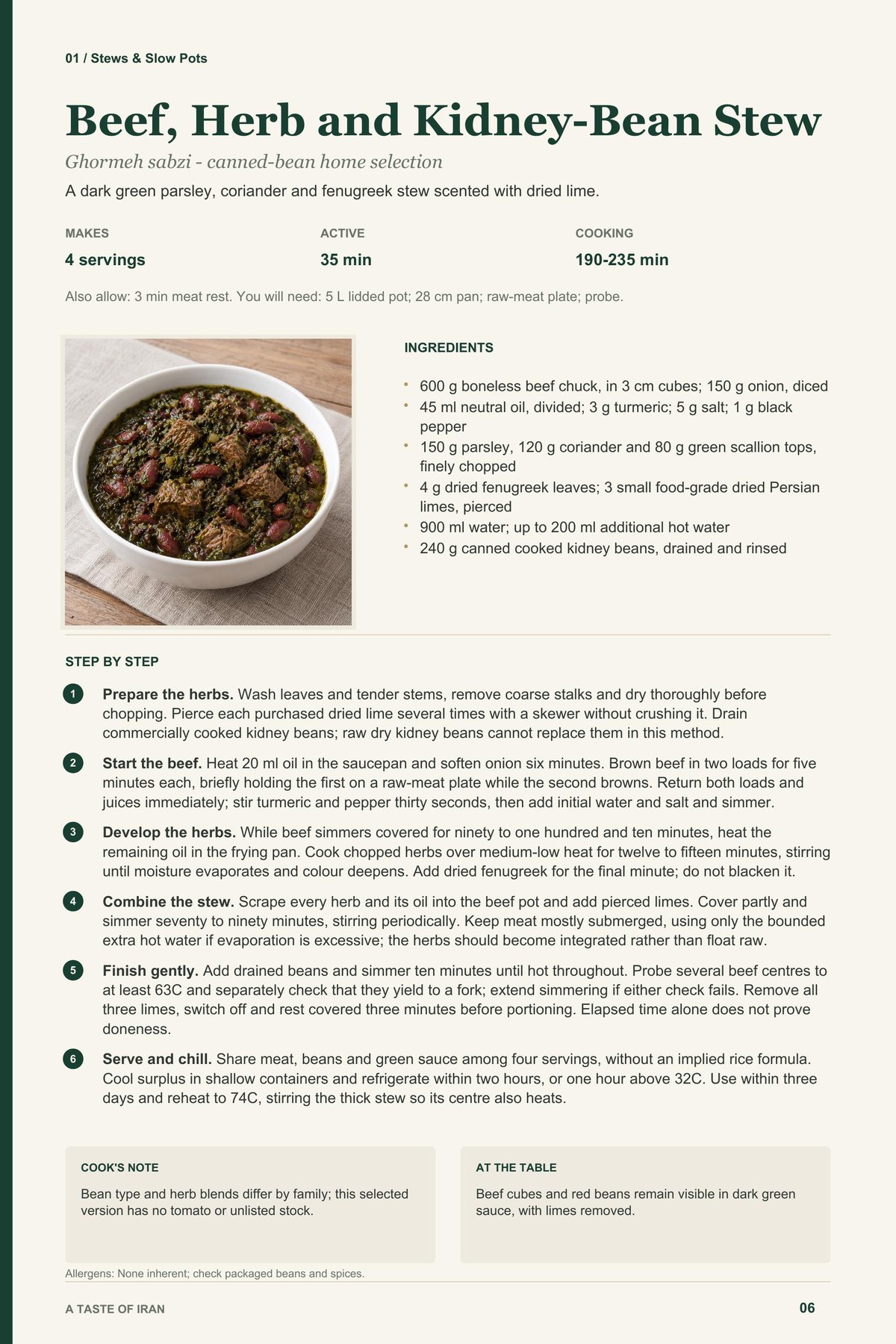 Beef, Herb and Kidney-Bean Stew recipe page from A Taste of Iran