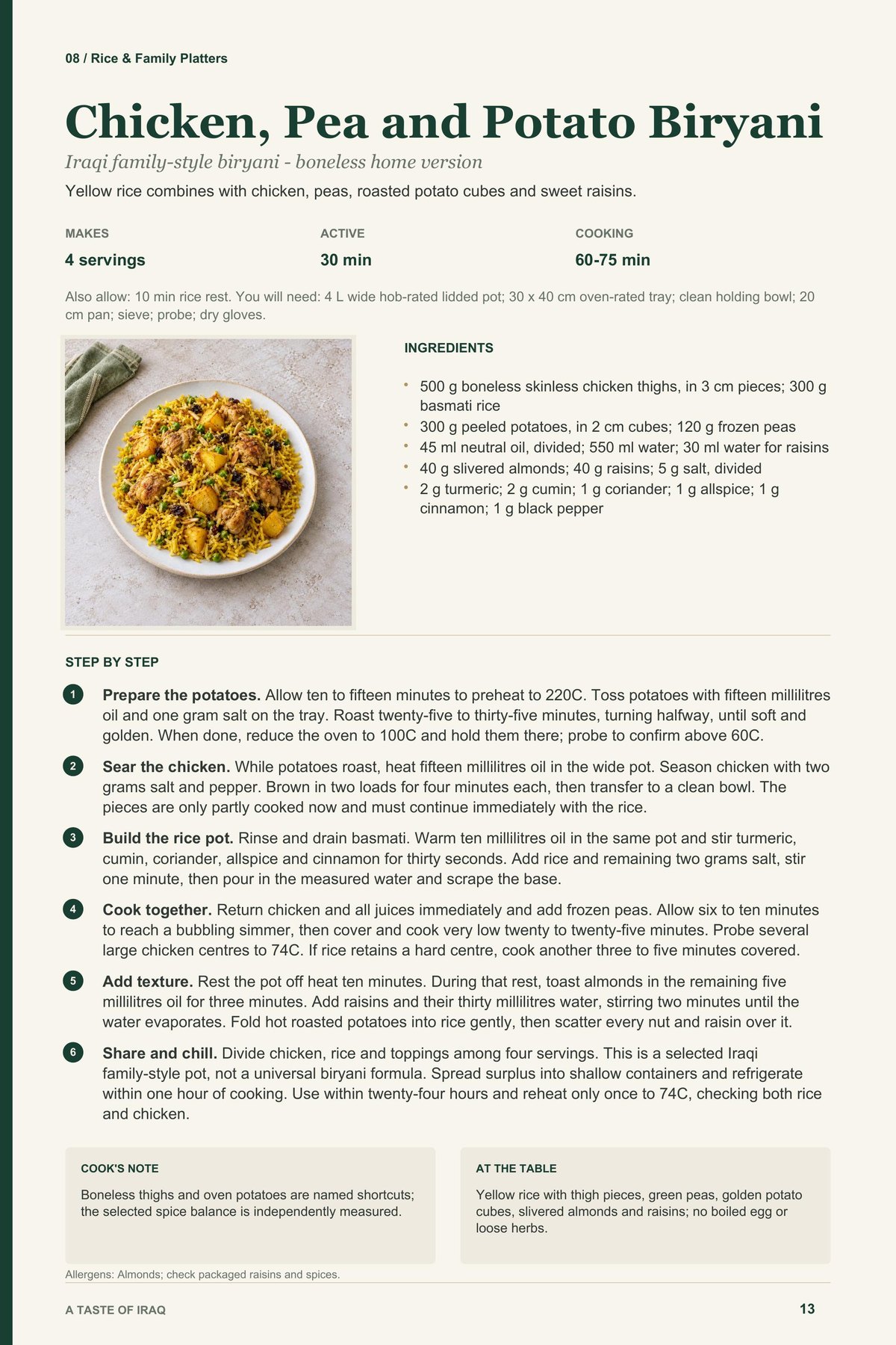 Chicken, Pea and Potato Biryani recipe page from A Taste of Iraq