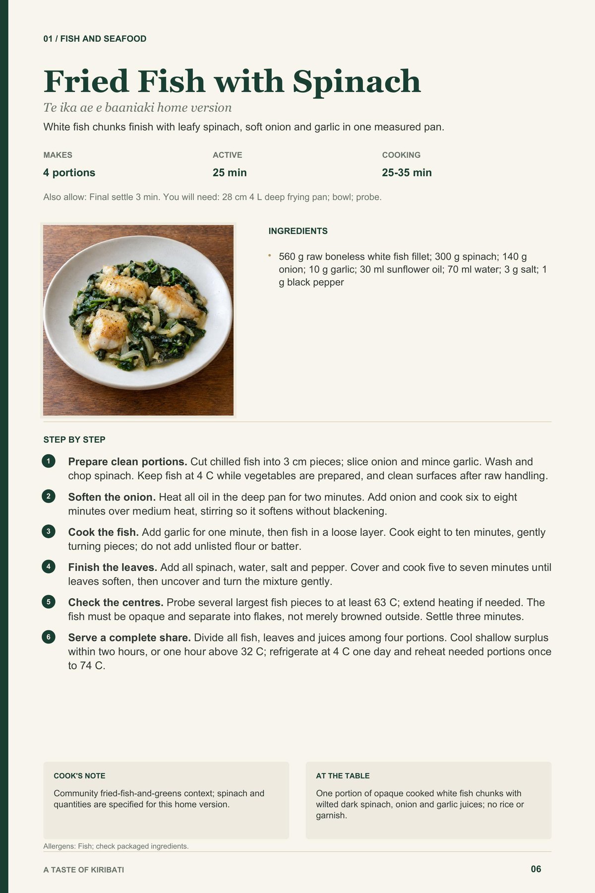 Fried Fish with Spinach recipe page from A Taste of Kiribati