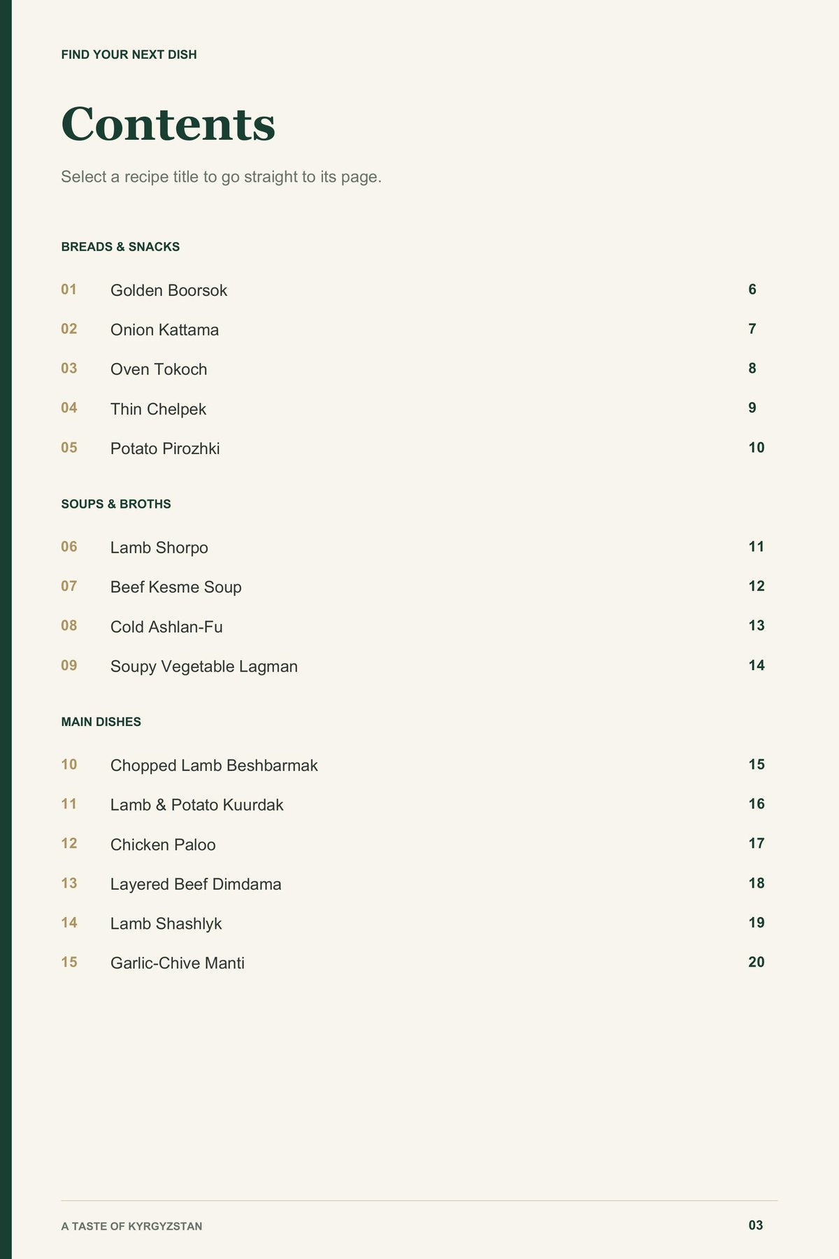 Contents, page 1 from A Taste of Kyrgyzstan