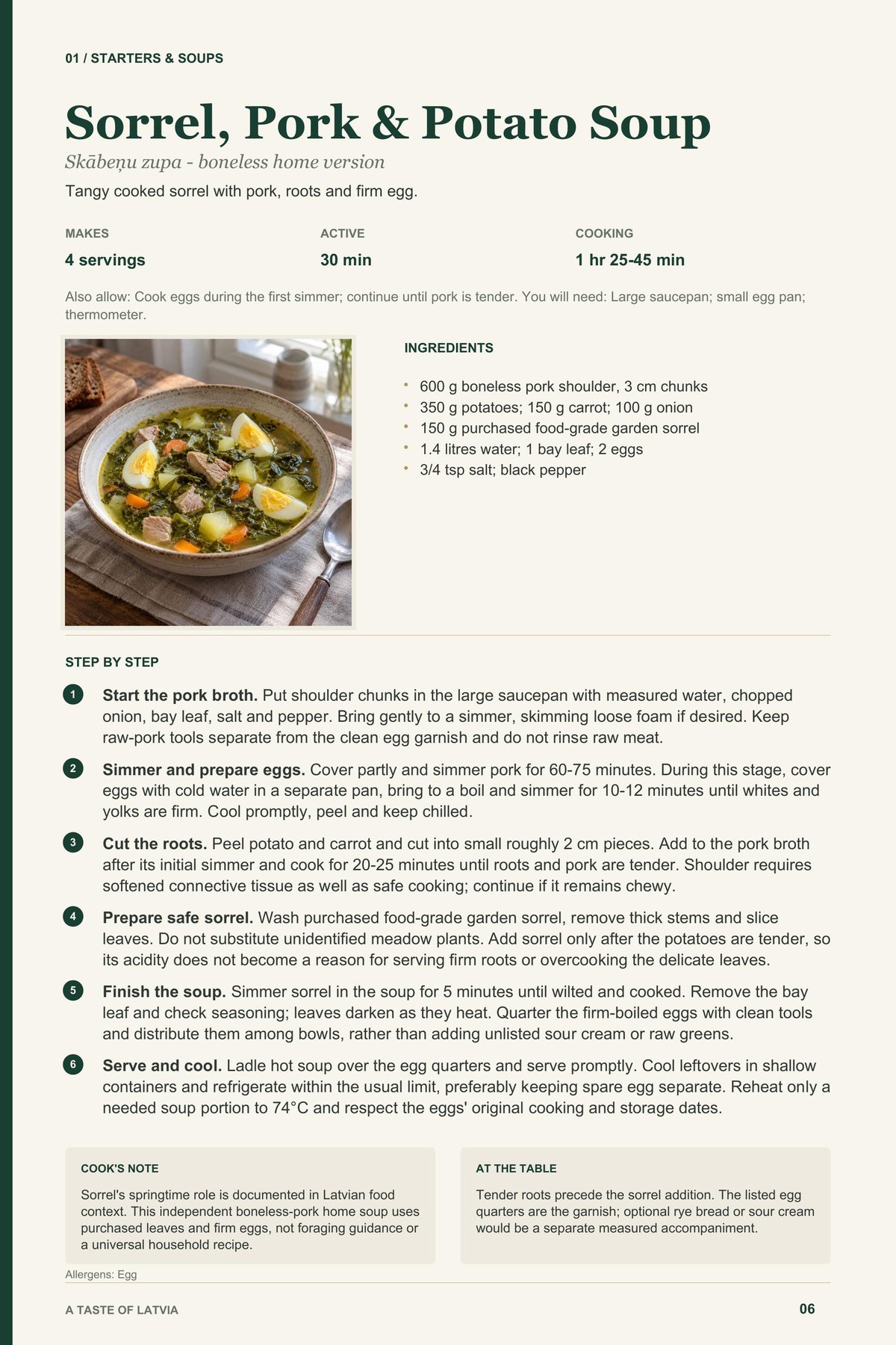 Sorrel, Pork & Potato Soup recipe page from A Taste of Latvia