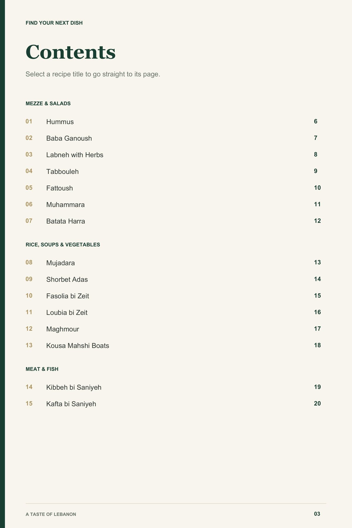 Contents, page 1 from A Taste of Lebanon
