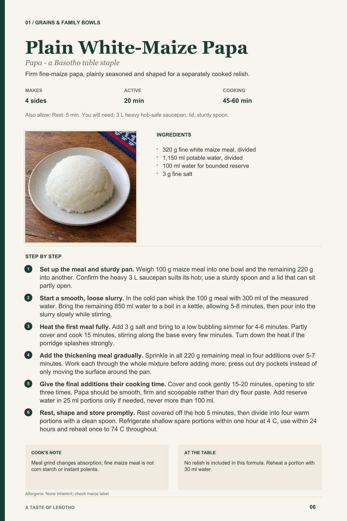 Plain White-Maize Papa recipe page from A Taste of Lesotho