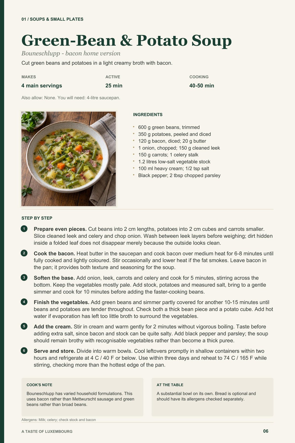 Green-Bean & Potato Soup recipe page from A Taste of Luxembourg
